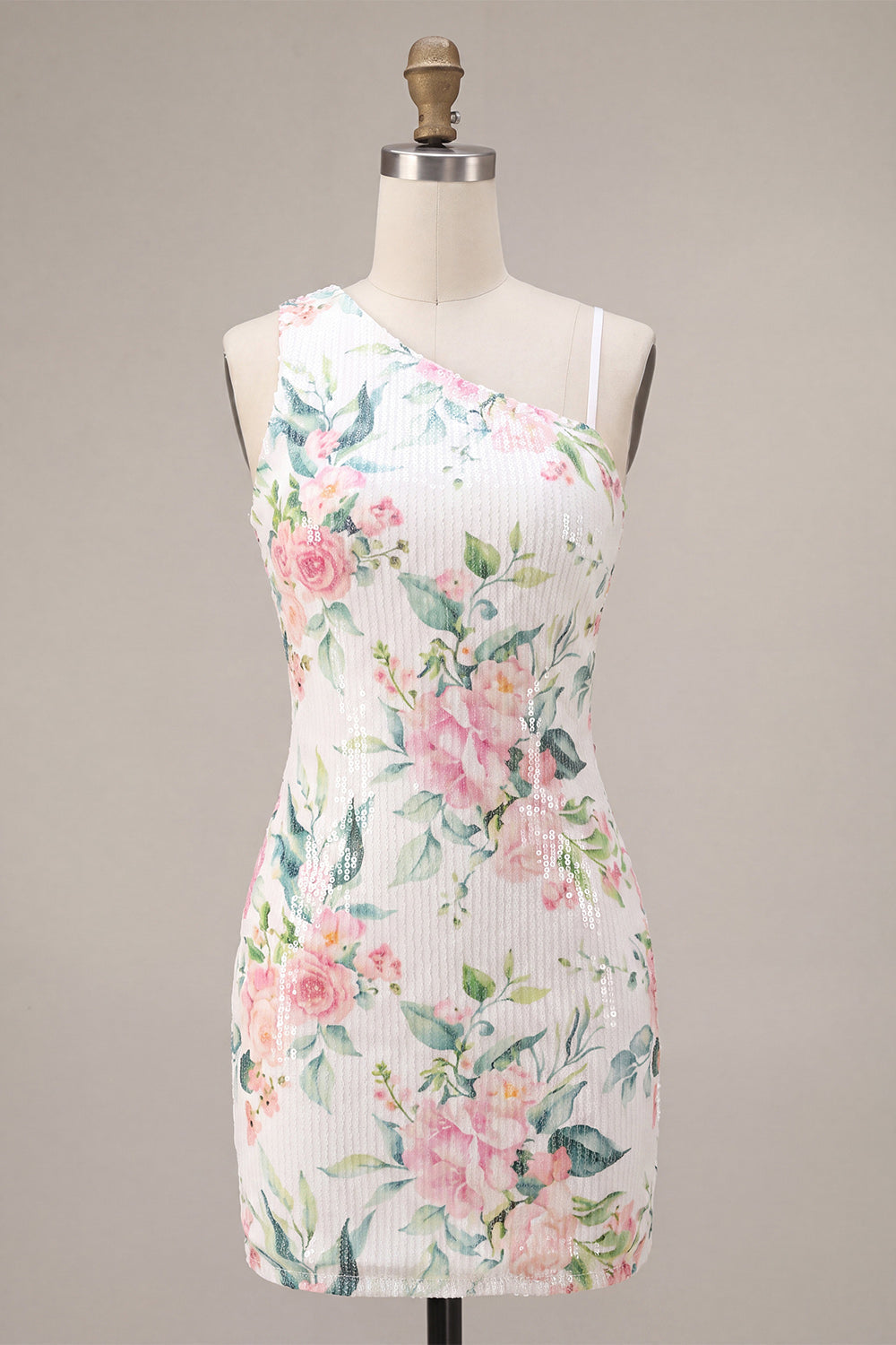 Sparkly White Pink Flower Bodycon Sequins Homecoming Dress