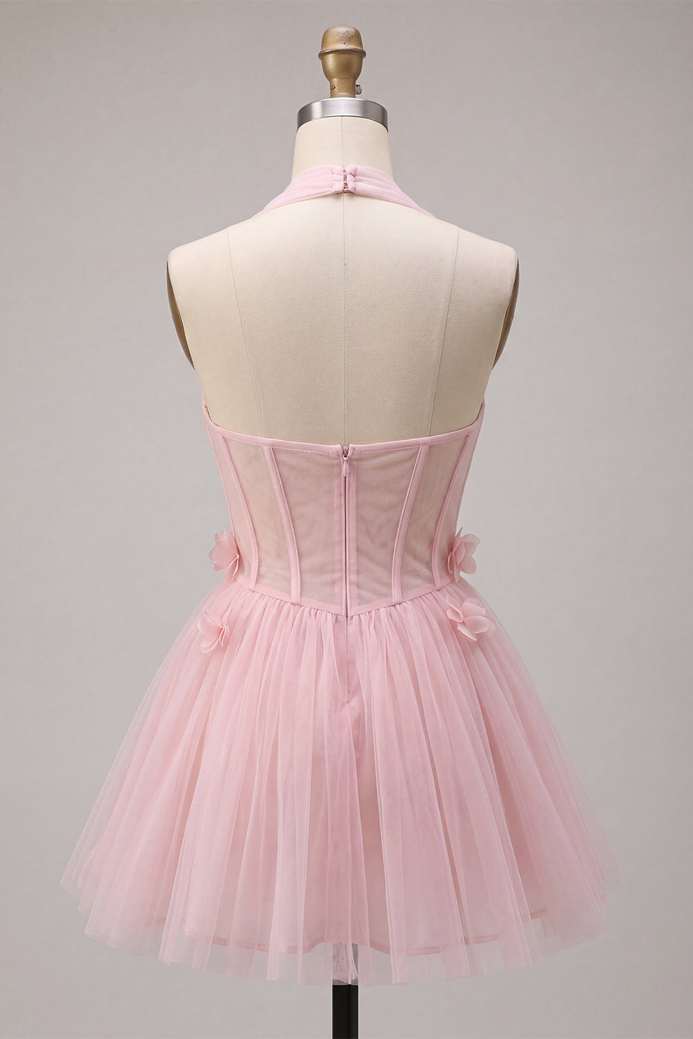Pink A-Line Tulle Corset Homecoming Dress with 3D Flowers