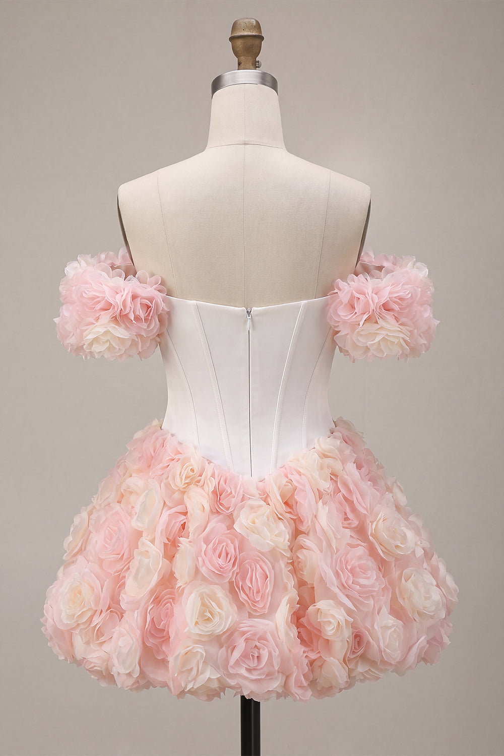 White and Pink A-Line Off the Shoulder Corset Floral Homecoming Dress