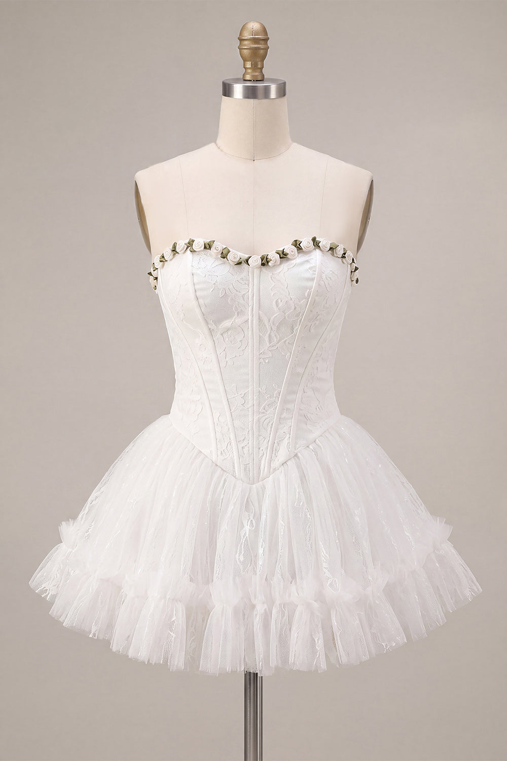 Lace Sweetheart White A-Line Corset Short Cocktail Dress with Ruffles
