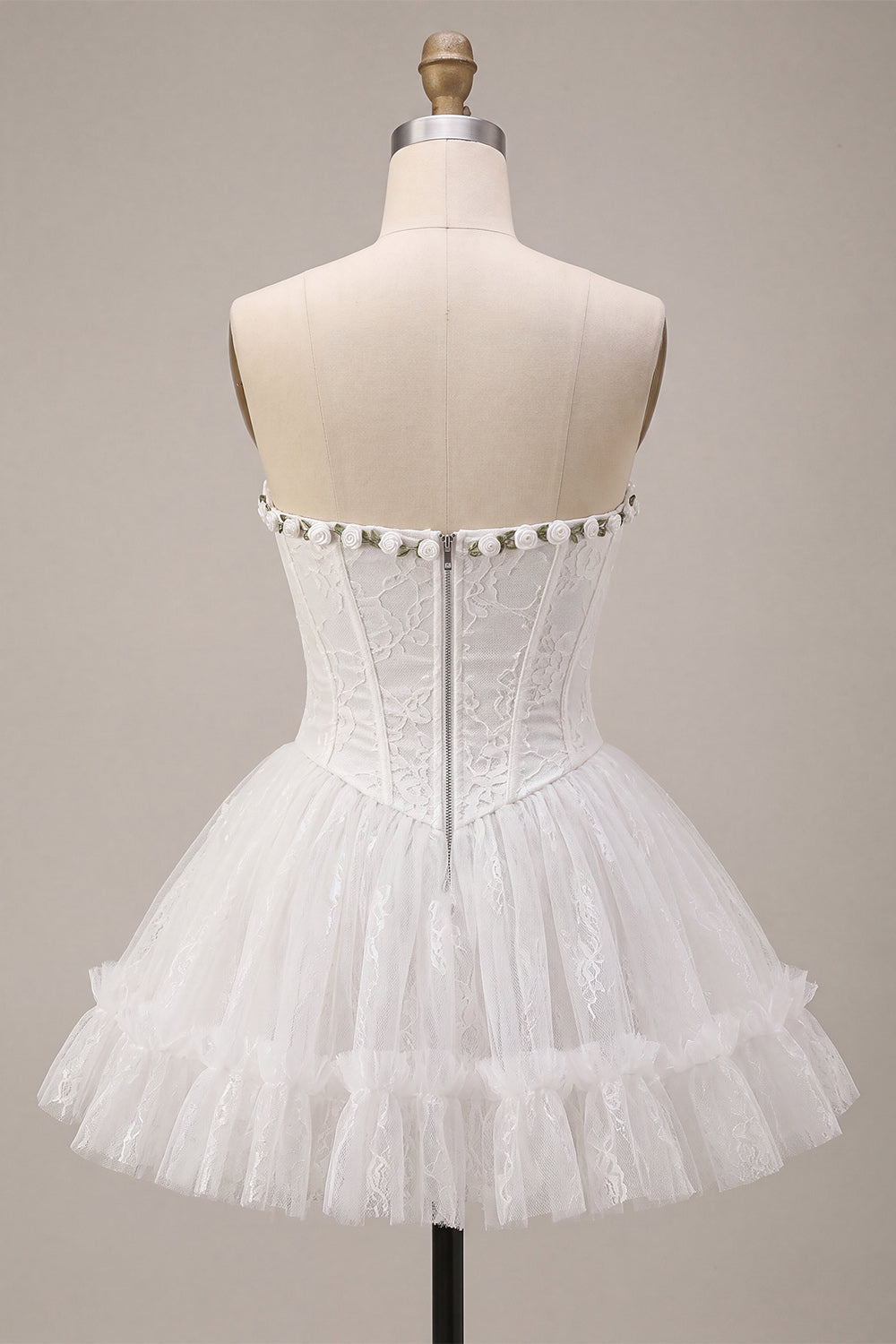 Lace Sweetheart White A-Line Corset Short Cocktail Dress with Ruffles