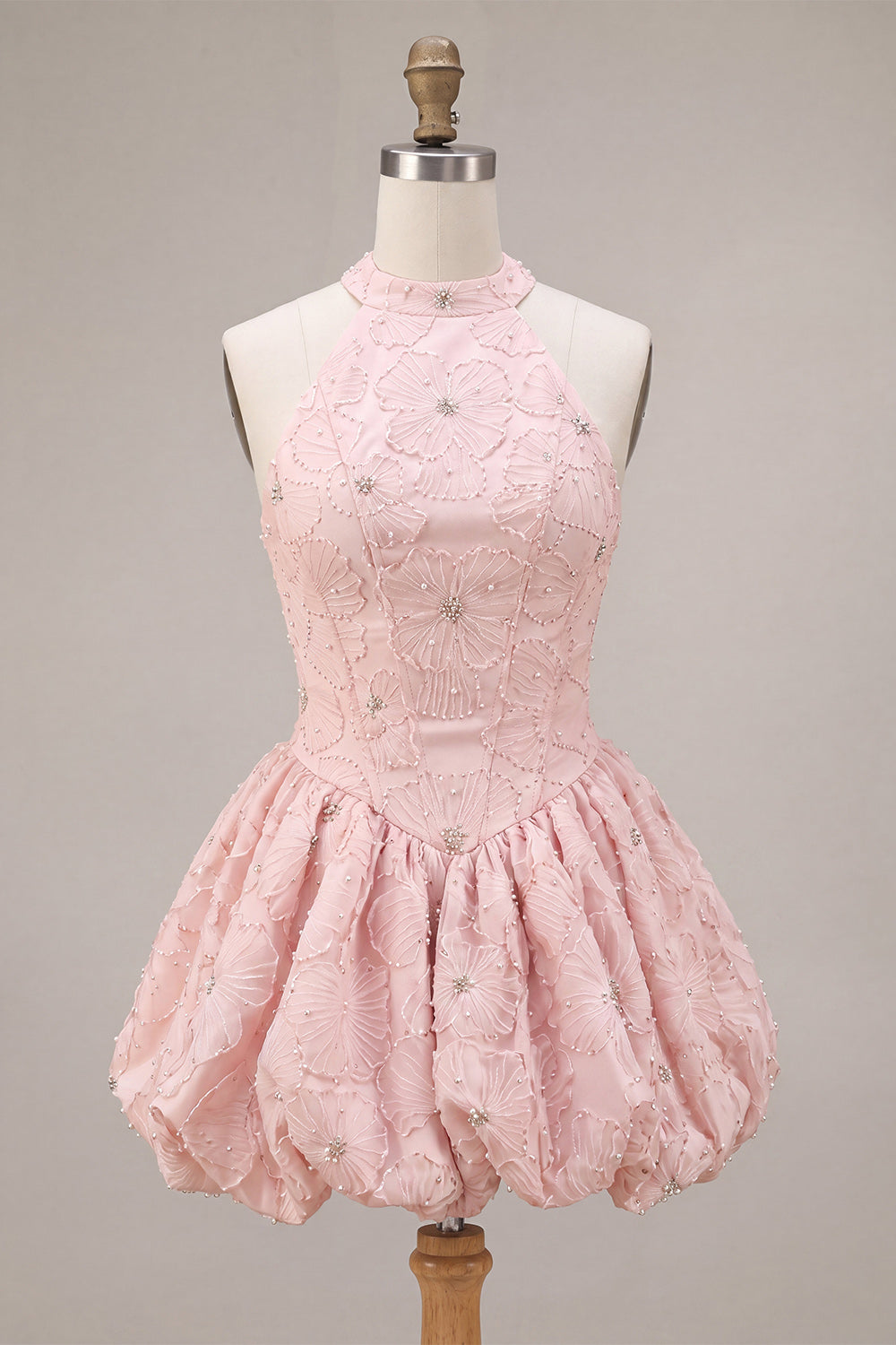Halter Neck Pink A-Line Floral Corset Jacquard Beaded Homecoming Dress