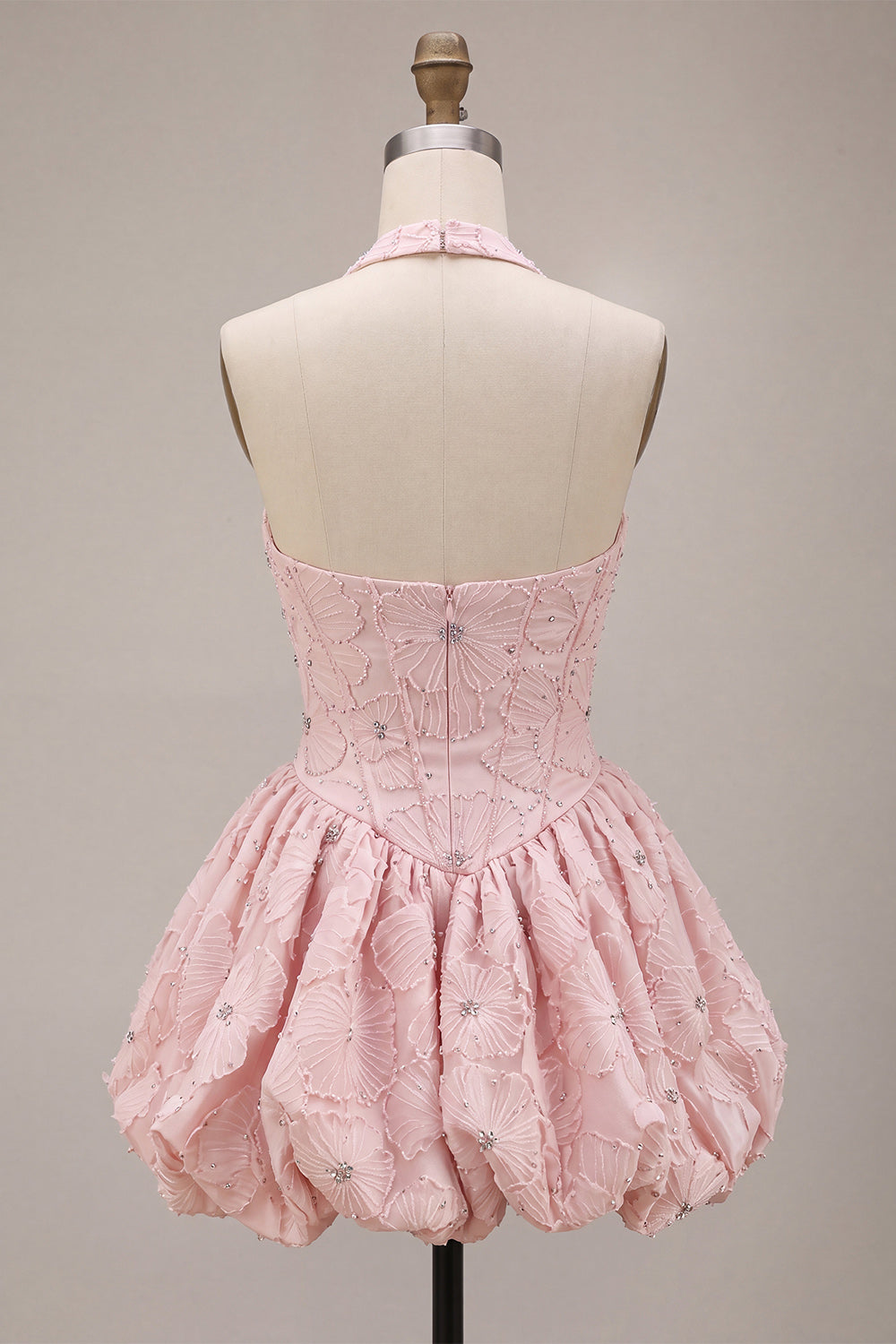Halter Neck Pink A-Line Floral Corset Jacquard Beaded Homecoming Dress