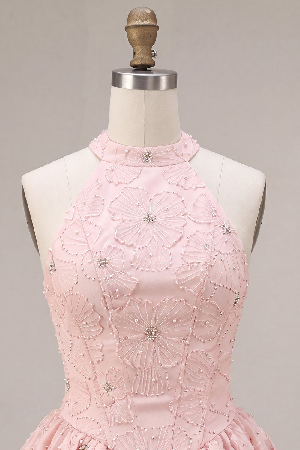 Halter Neck Pink A-Line Floral Corset Jacquard Beaded Homecoming Dress