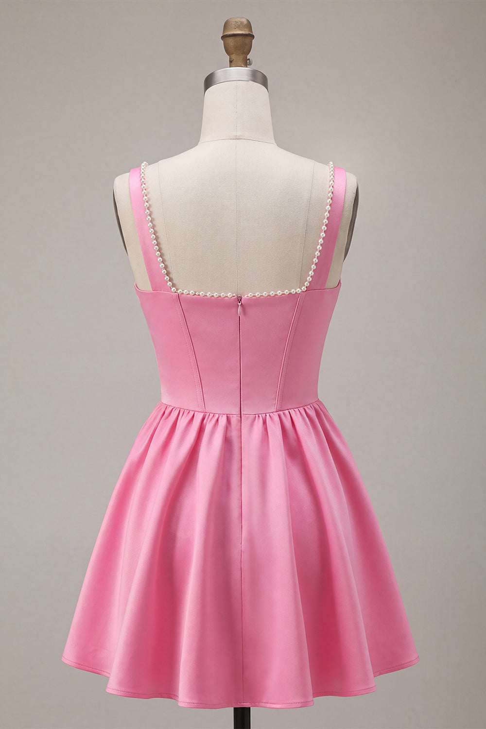 Pink A-Line Corset Square Neck Satin Pearl Short Homecoming Dress