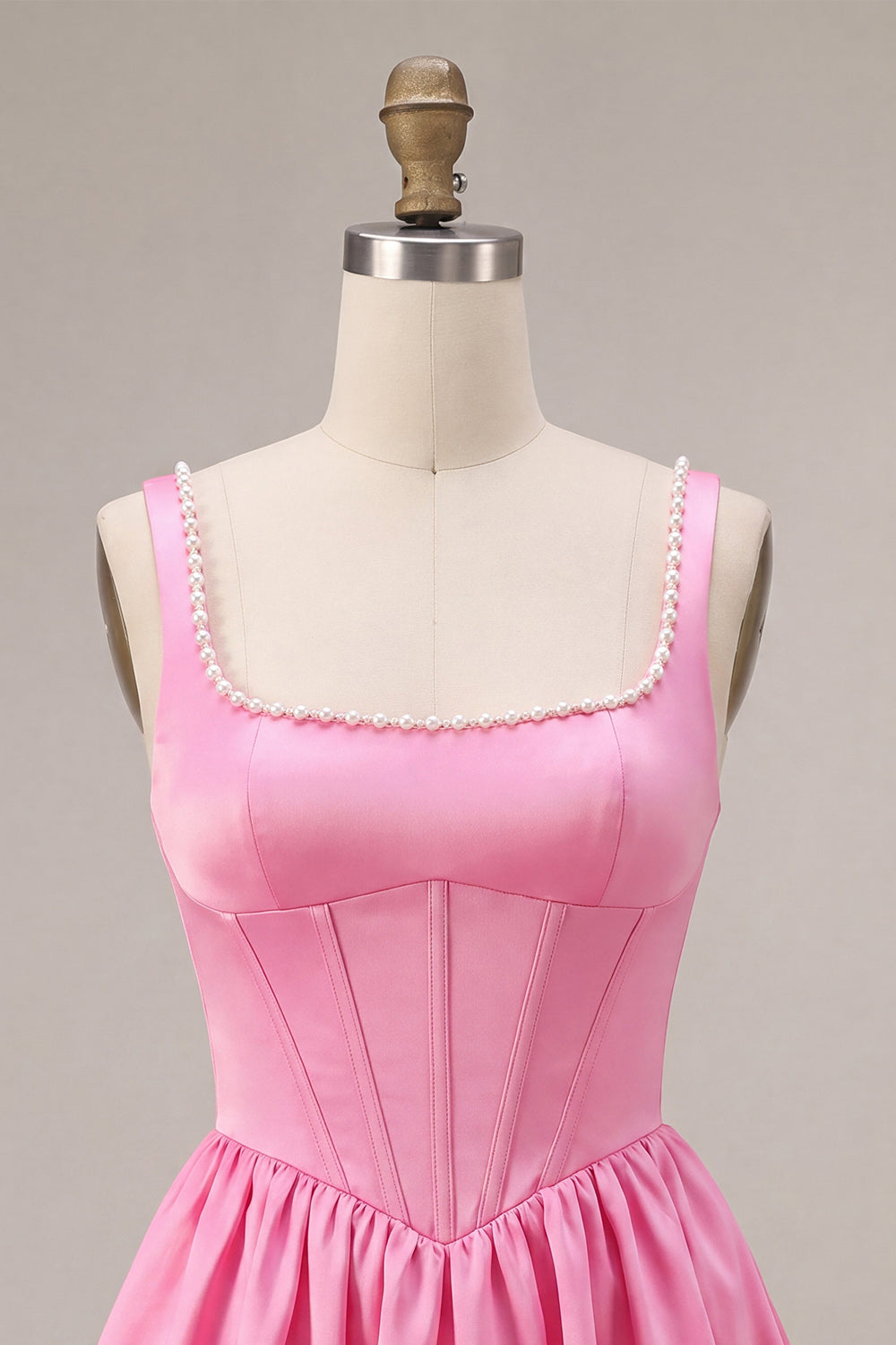 Pink A-Line Corset Square Neck Satin Pearl Short Homecoming Dress