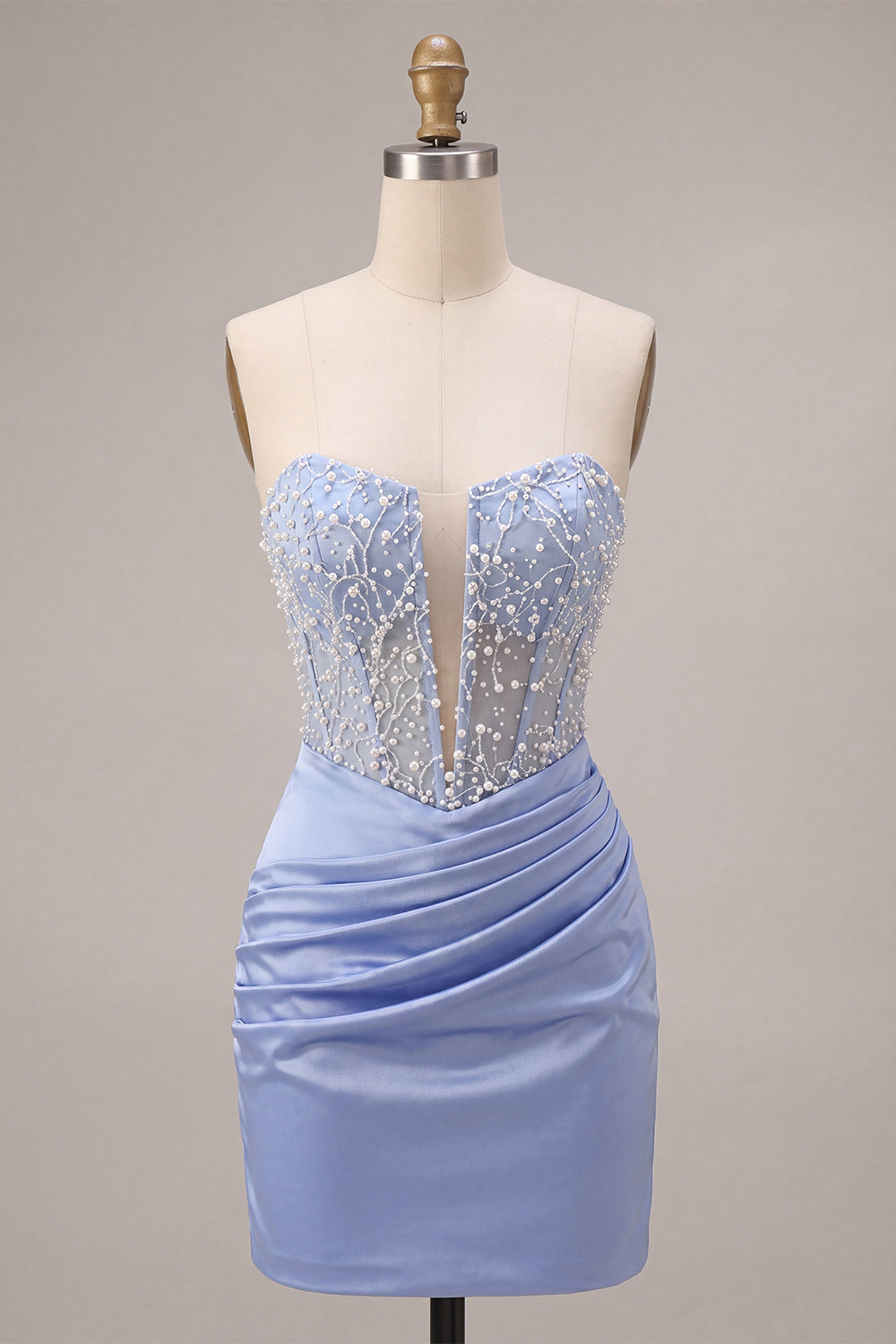 Sky Blue Strapless Satin Ruched Pearl Short Homecoming Dress