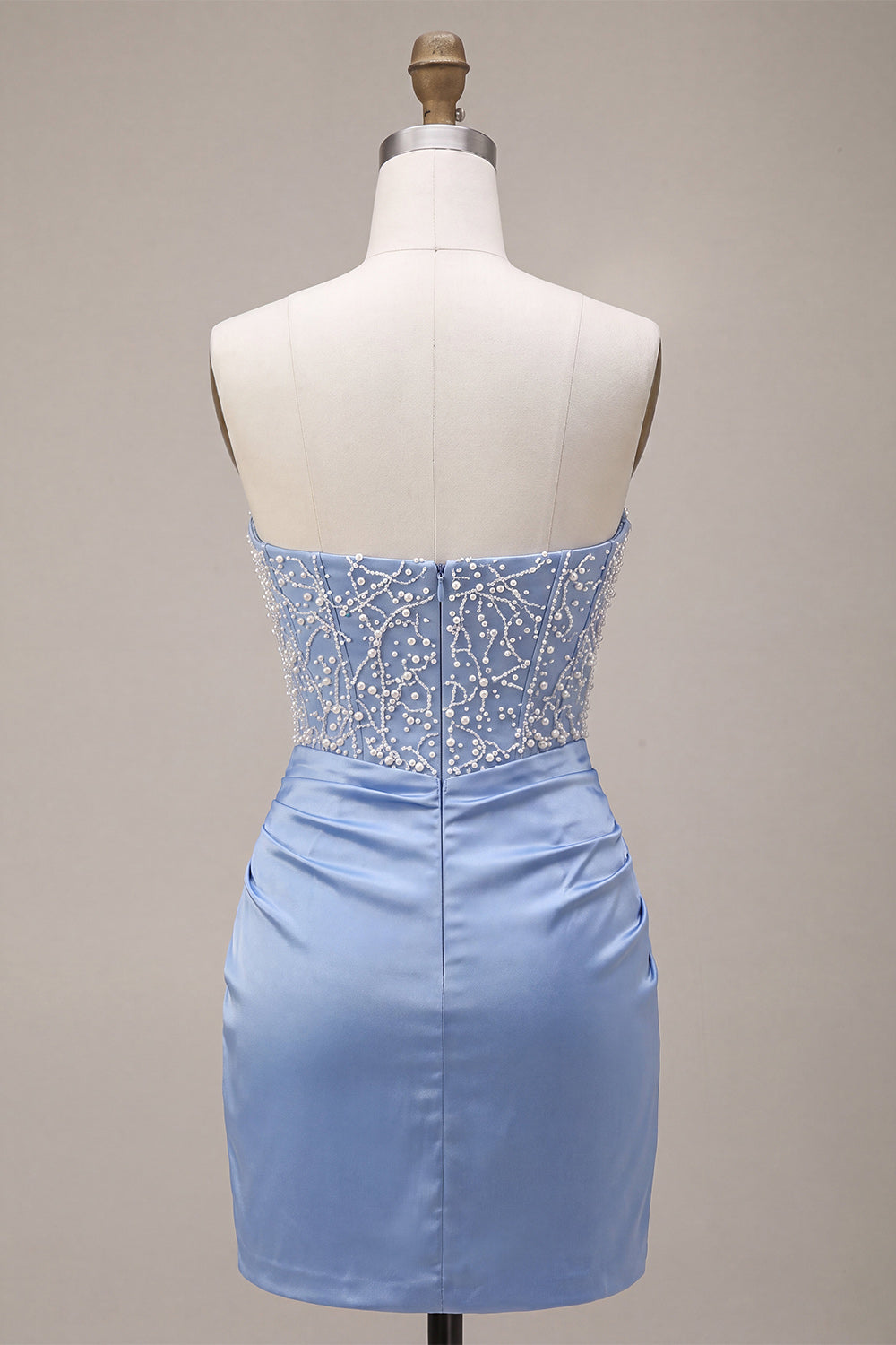 Sky Blue Strapless Satin Ruched Pearl Short Homecoming Dress