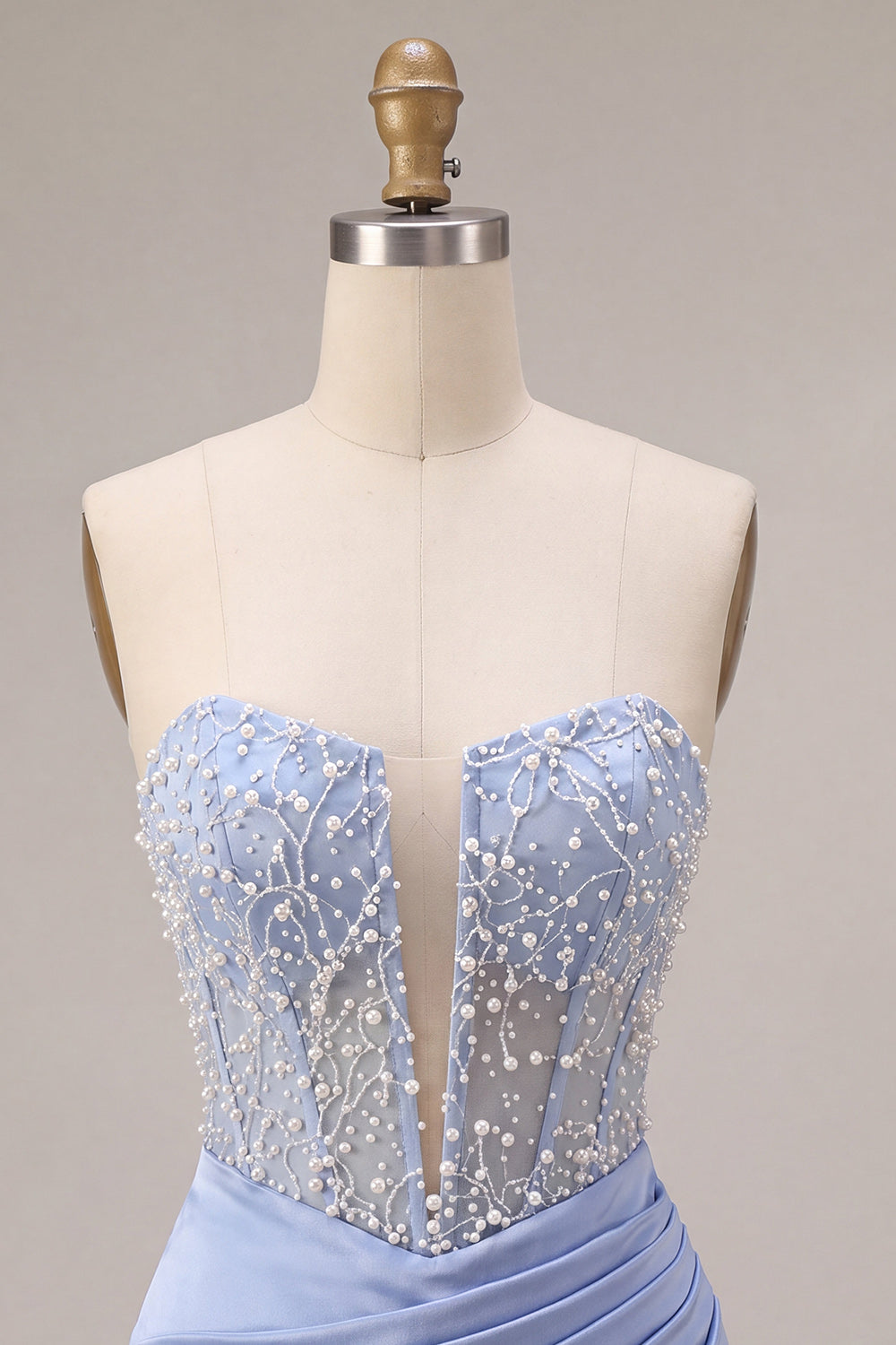 Sky Blue Strapless Satin Ruched Pearl Short Homecoming Dress
