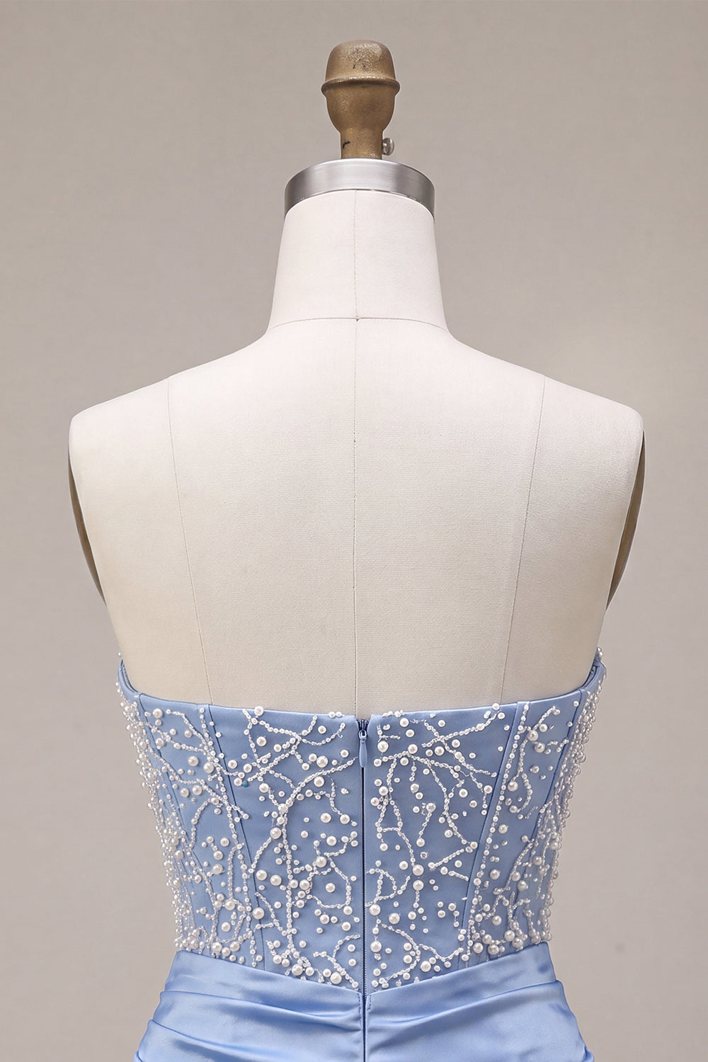 Sky Blue Strapless Satin Ruched Pearl Short Homecoming Dress