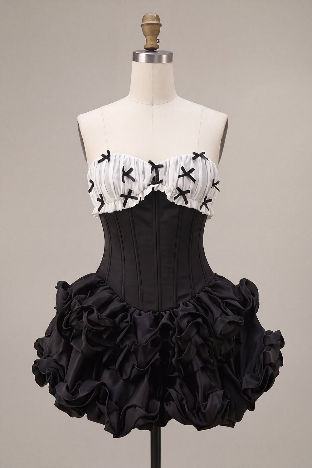 Black Satin A-Line Strapless Tiered Ruffle Corset Homecoming Dress with Lace Up Back