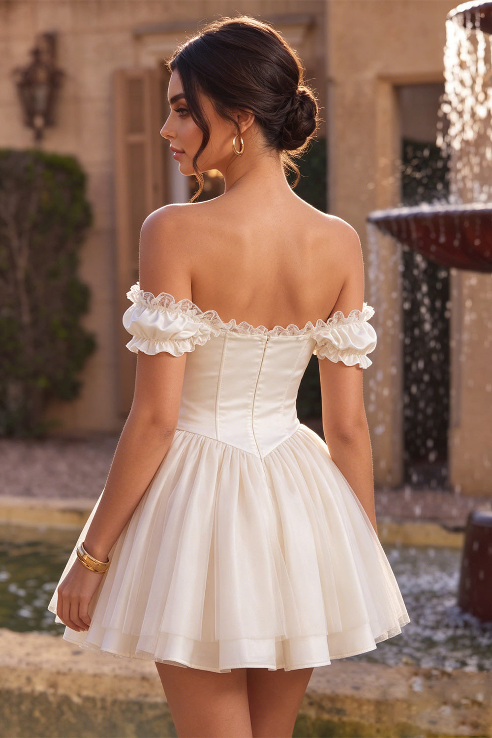 Ivory Off the Shoulder A-Line Corset Satin Homecoming Dress with Ruffles