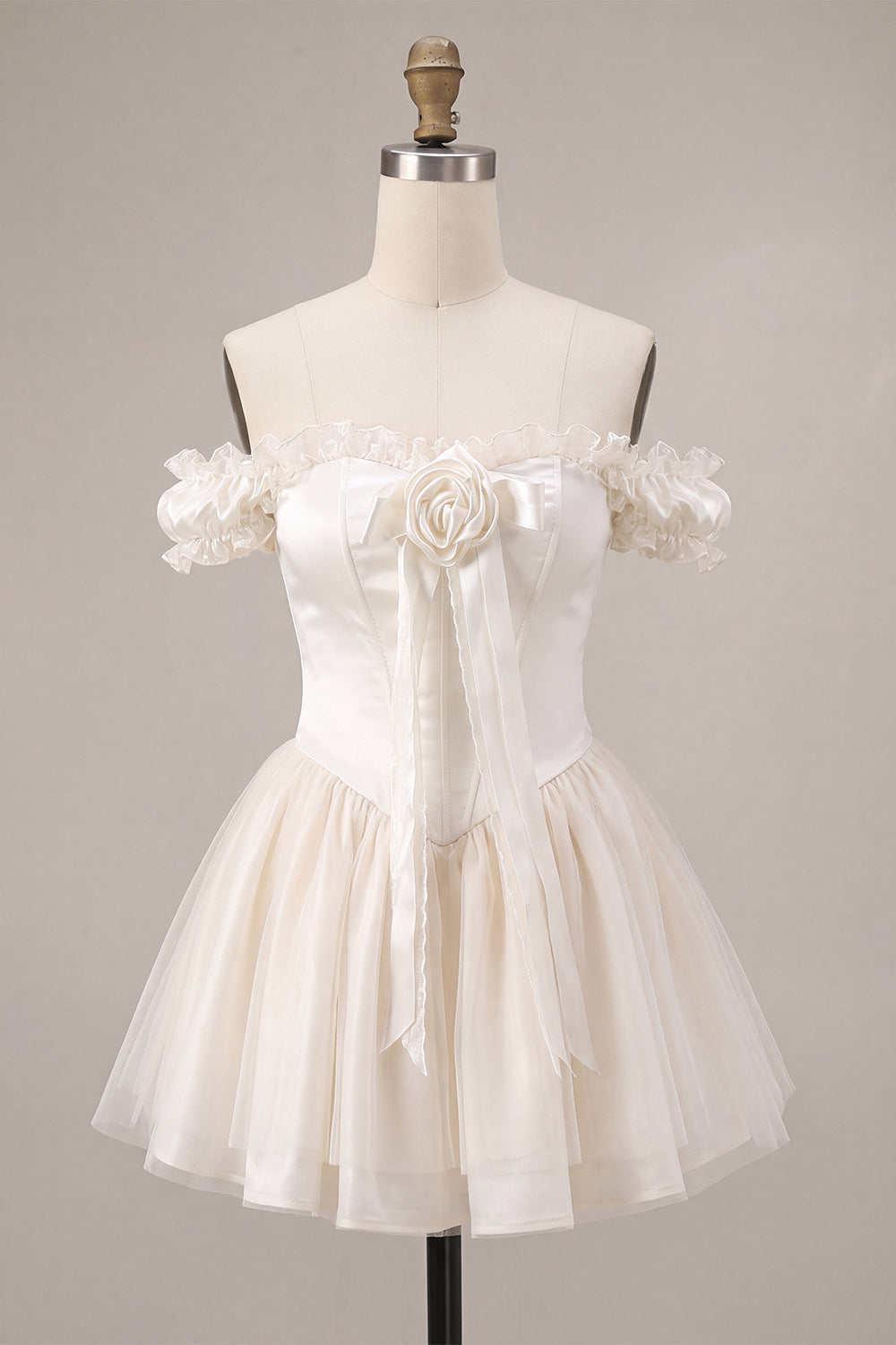 Ivory Off the Shoulder A-Line Corset Satin Homecoming Dress with Ruffles