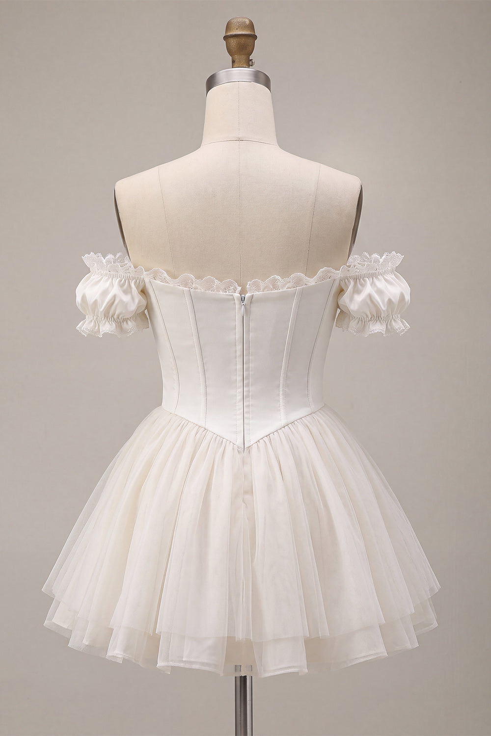 Ivory Off the Shoulder A-Line Corset Satin Homecoming Dress with Ruffles
