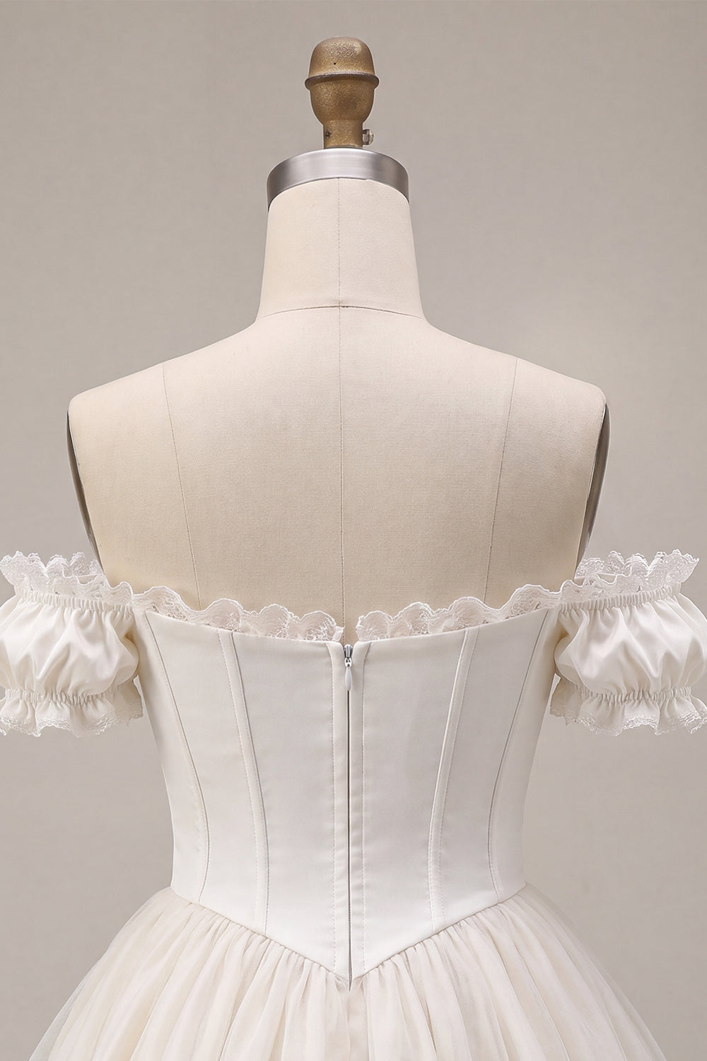 Ivory Off the Shoulder A-Line Corset Satin Homecoming Dress with Ruffles