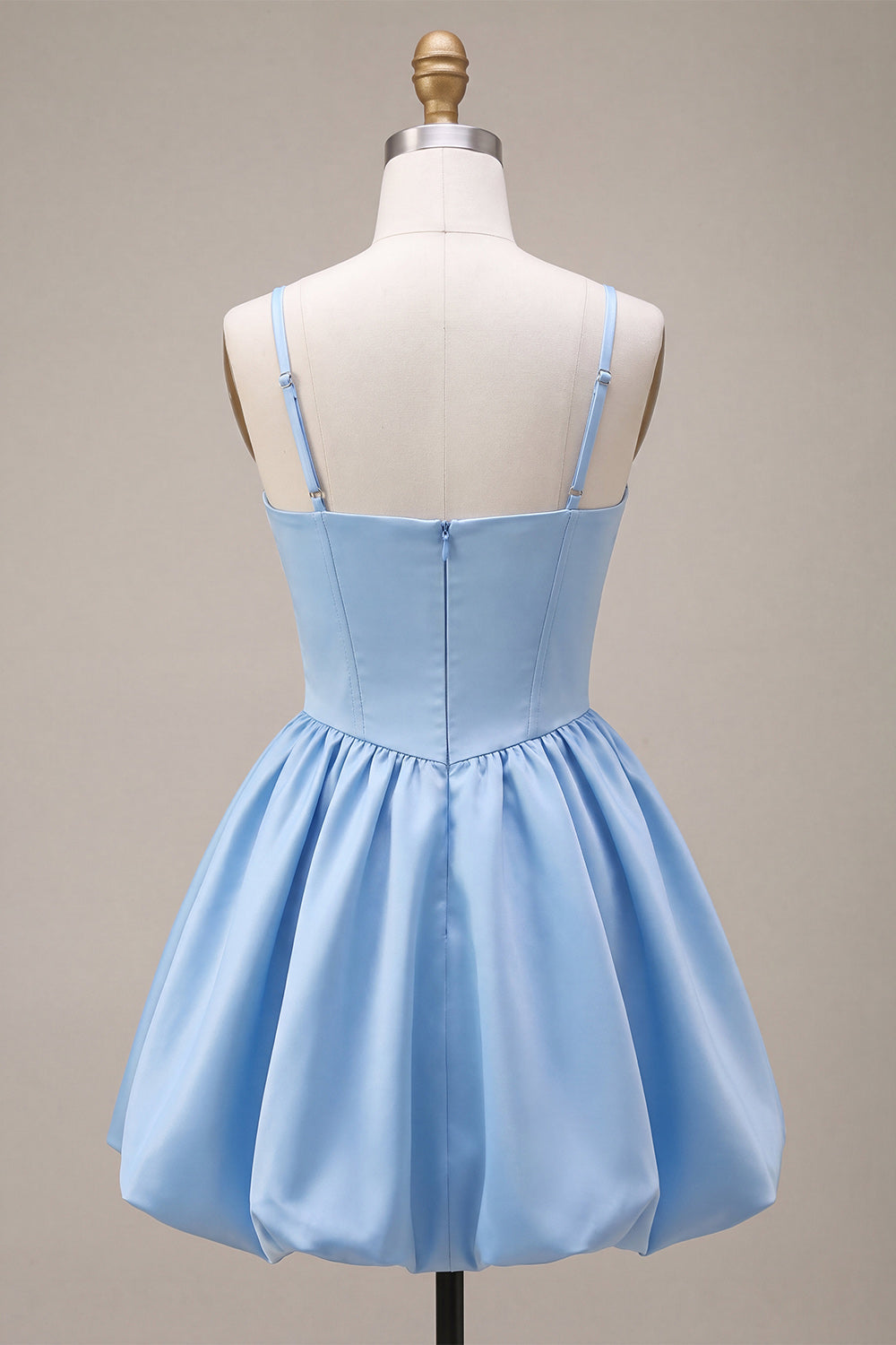 Robe de bal de fin d'année corset en satin bleu ciel trapèze avec fines bretelles et nœud