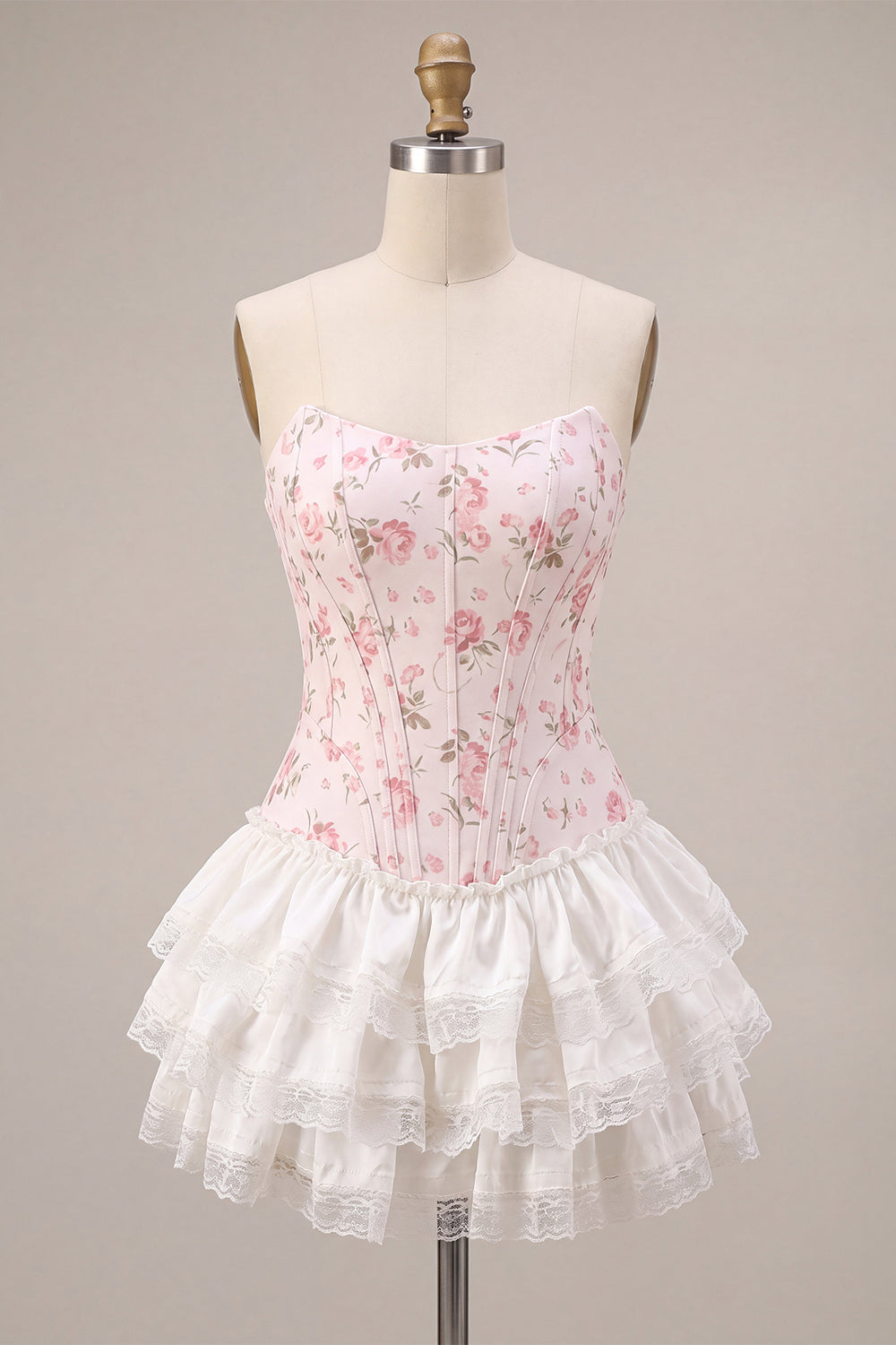 White Pink Flower Corset Sweetheart Tiered Ruffle Homecoming Dress
