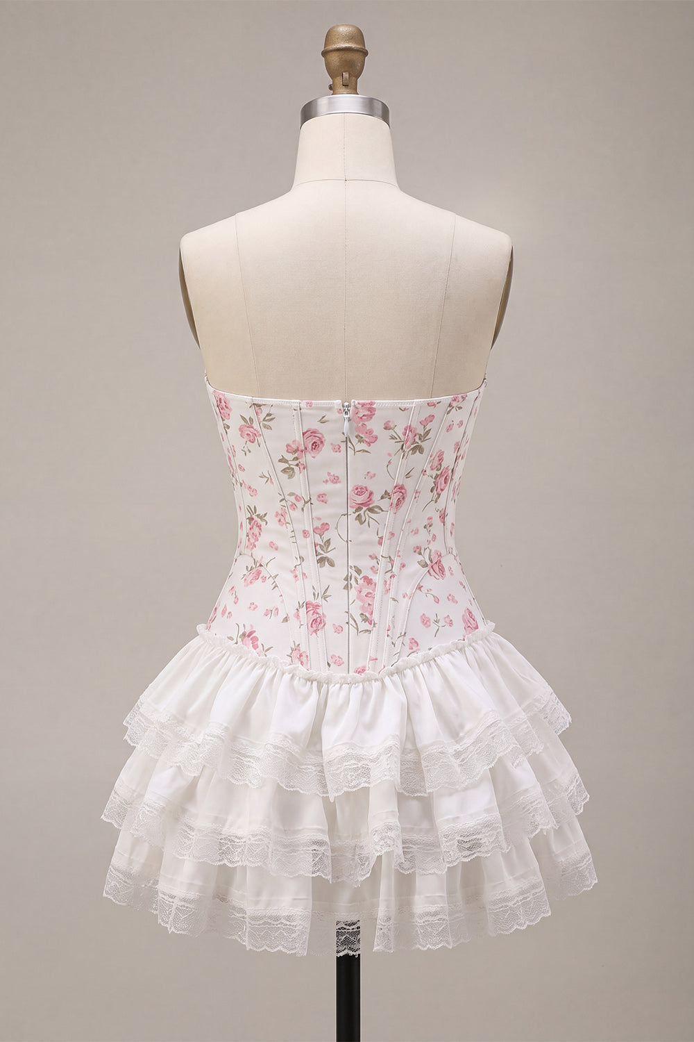 White Pink Flower Corset Sweetheart Tiered Ruffle Homecoming Dress