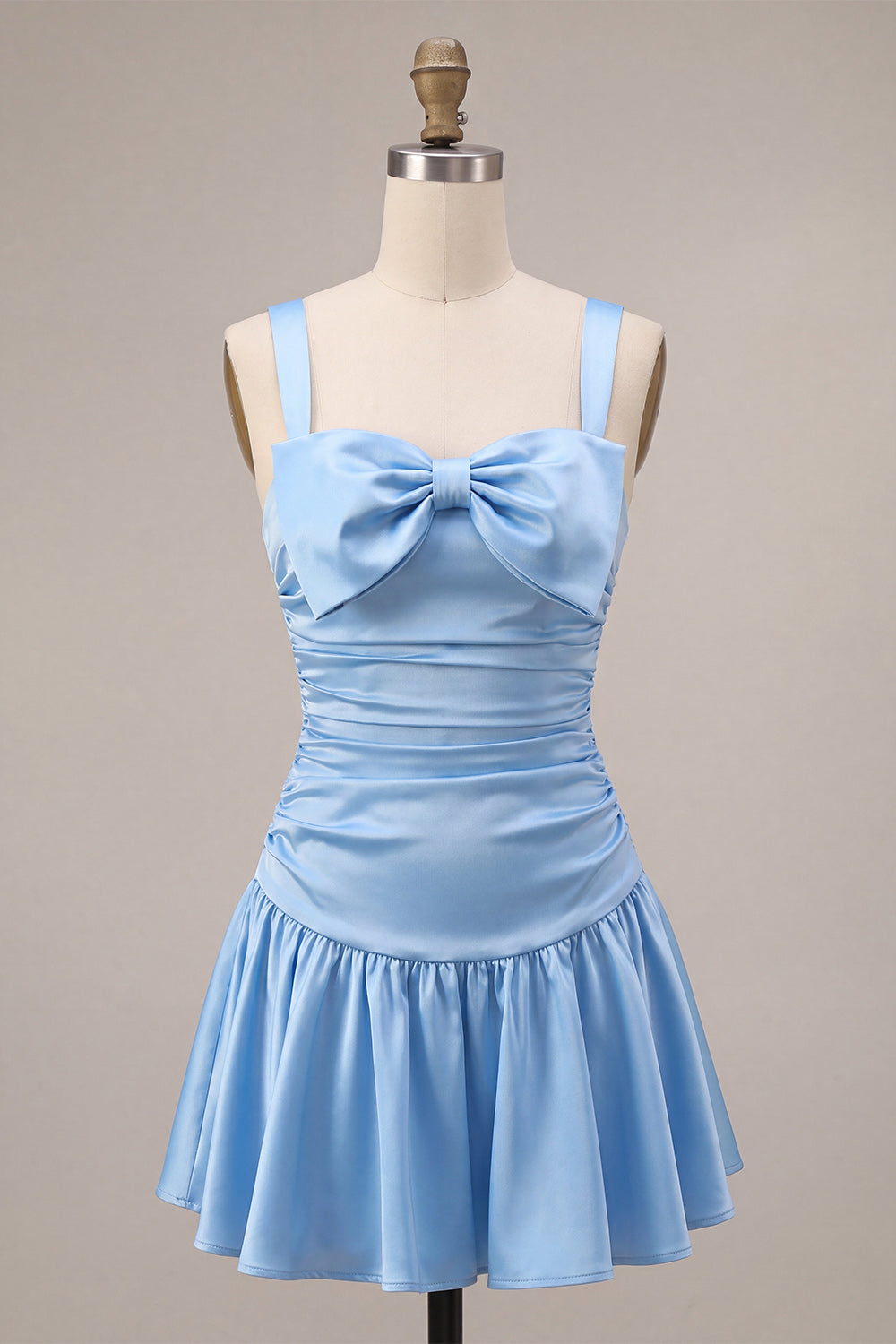 Sky Blue Satin A-Line Square Neck Short Homecoming Dress with Bow