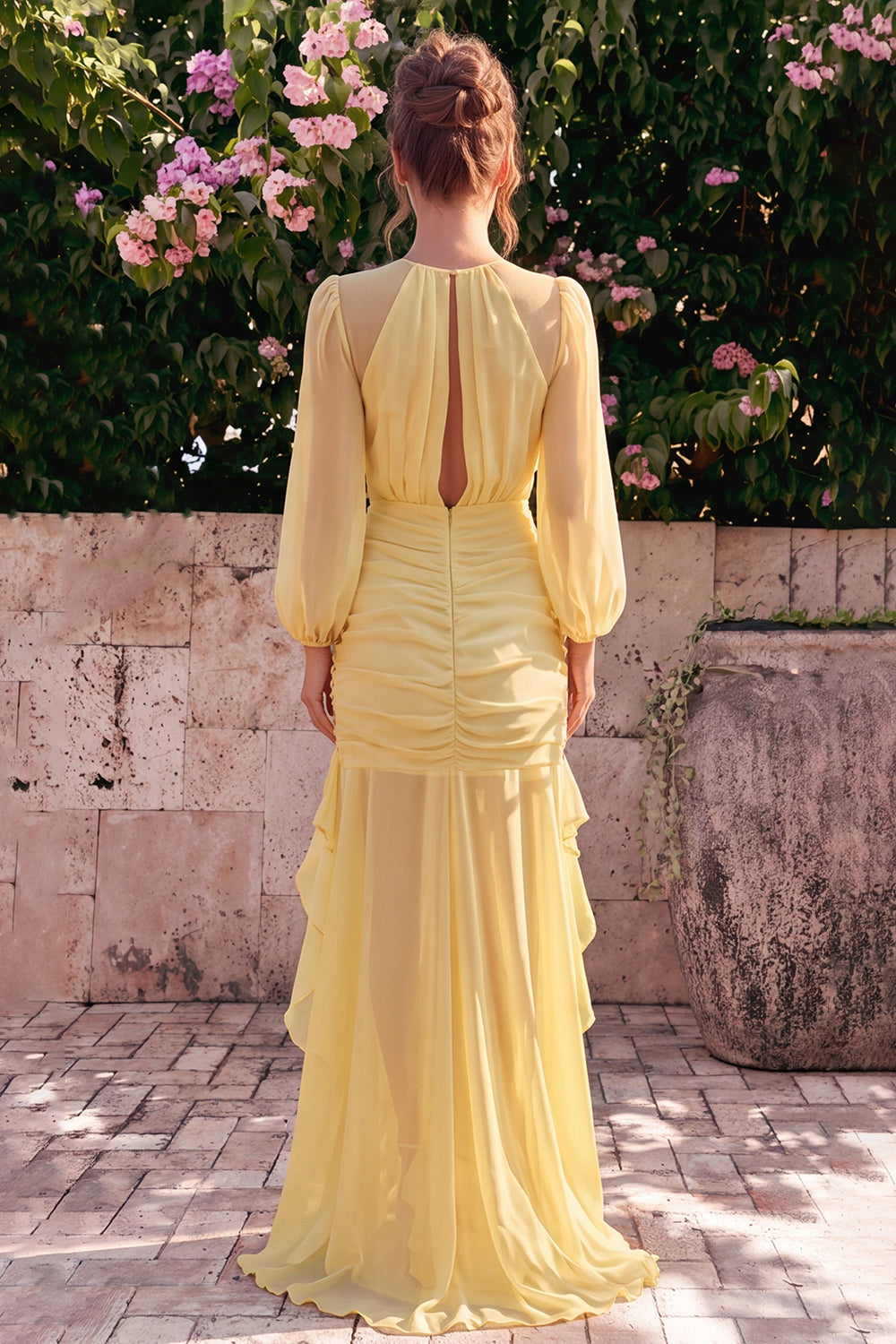 Daffodil Chiffon Mermaid Round Neck Ruffled Ruched Maxi Dress with Long Sleeves