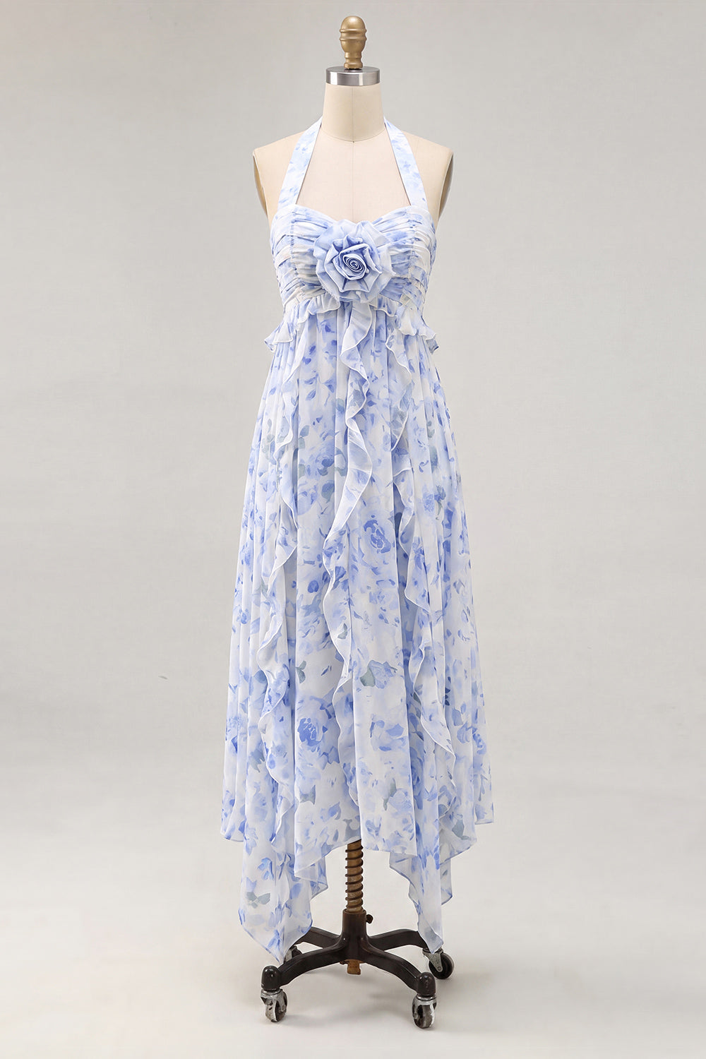 Halter Neck A-Line Blue Flower Chiffon Midi Dress with Ruffles