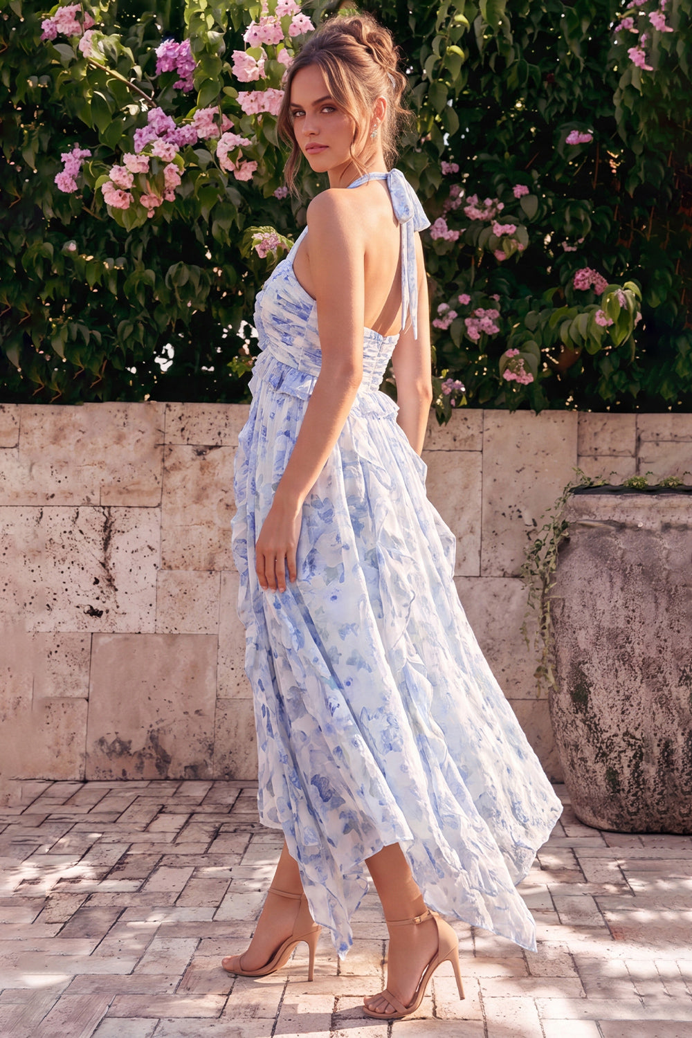 Halter Neck A-Line Blue Flower Chiffon Midi Dress with Ruffles