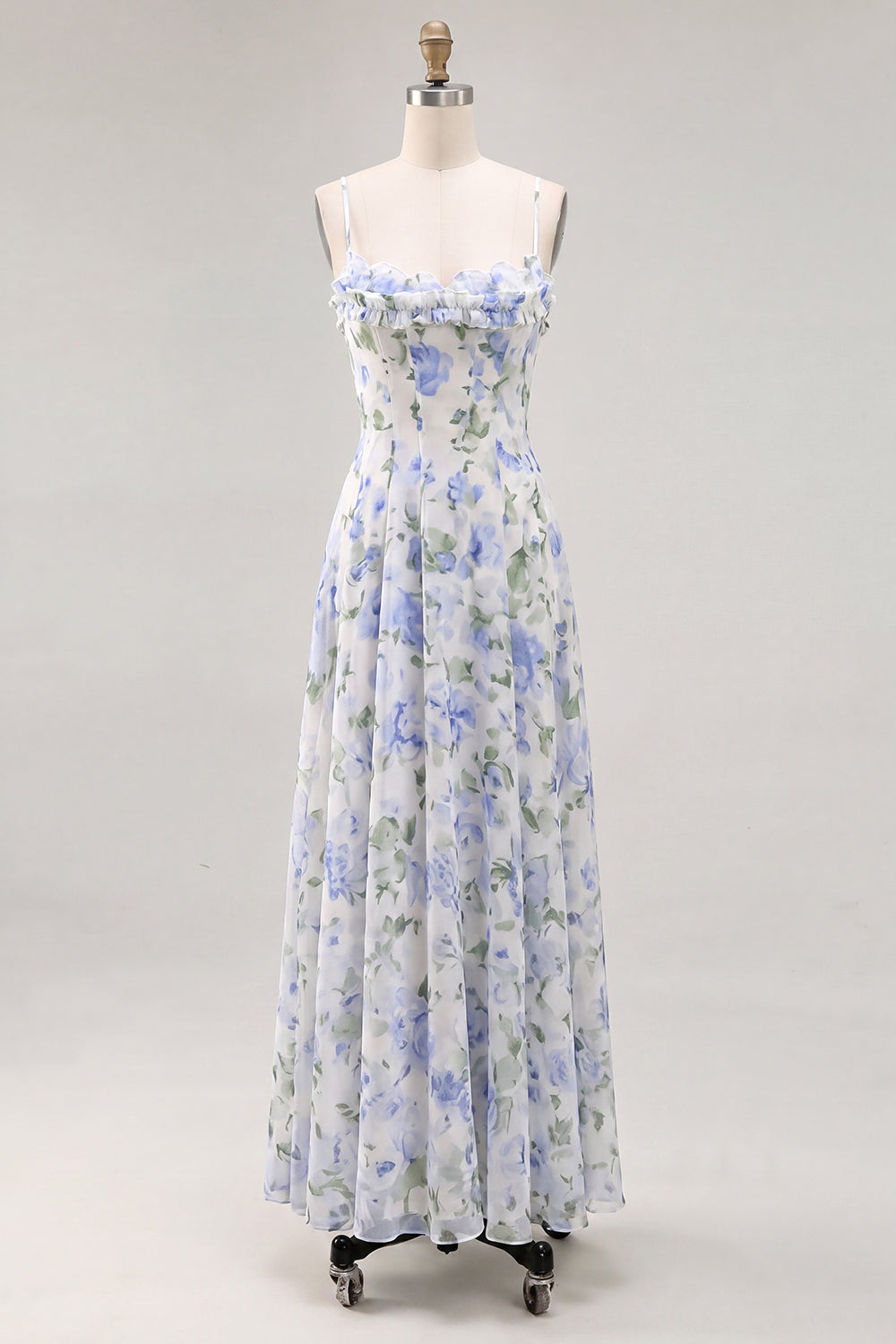 A-Line Blue Flower Chiffon Spaghetti Straps Backless Maxi Dress with Ruffles