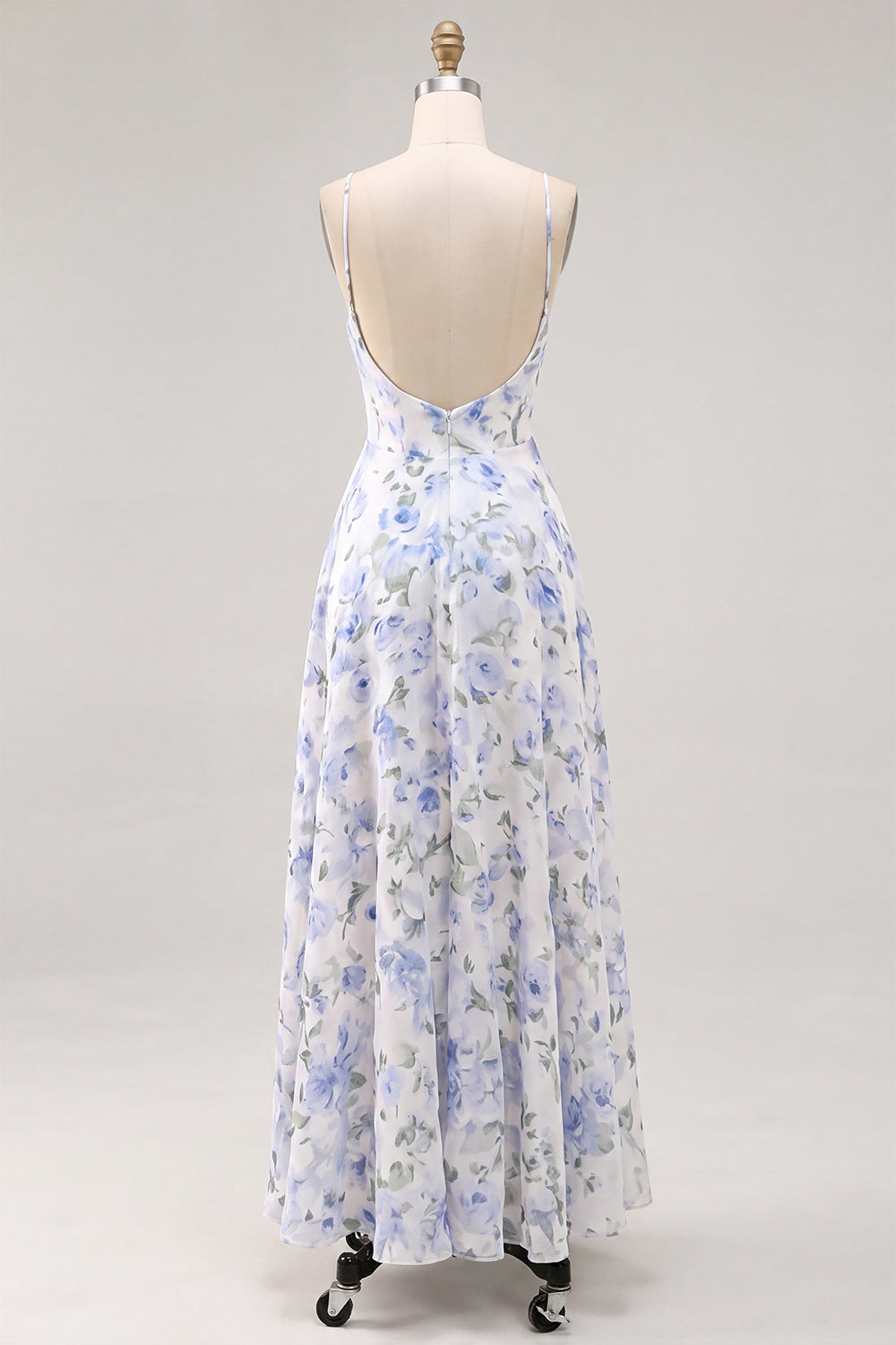 A-Line Blue Flower Chiffon Spaghetti Straps Backless Maxi Dress with Ruffles