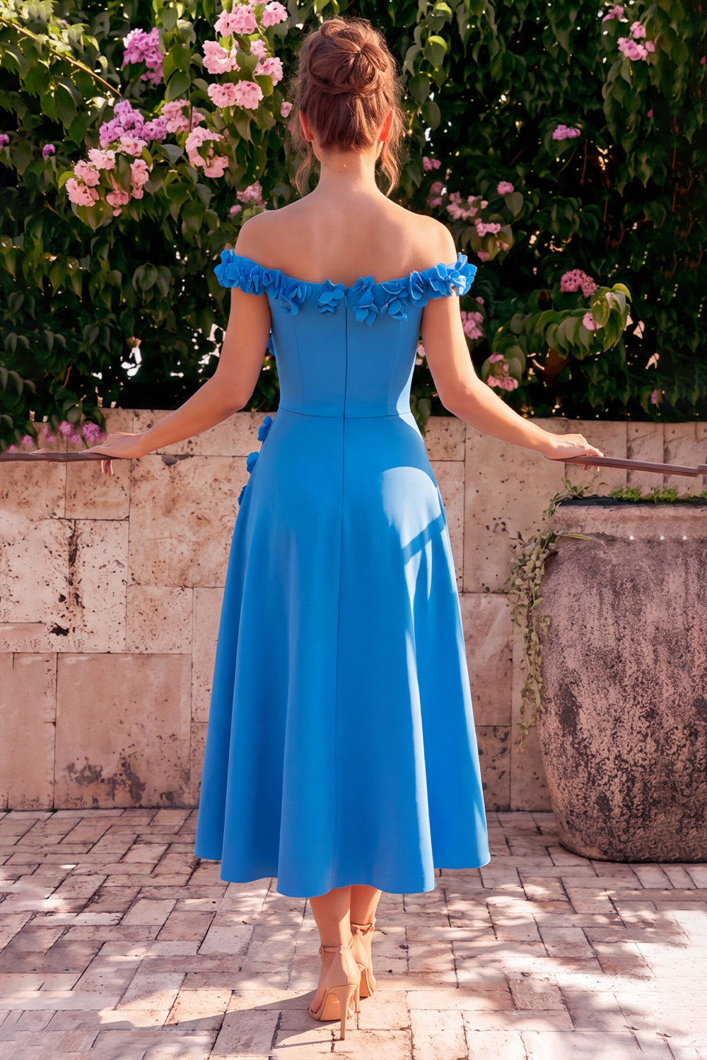 A-Line Blue Off the Shoulder Midi Dress with 3D Flowers