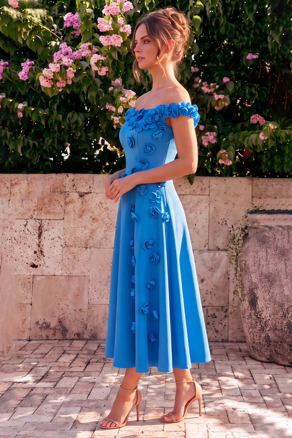 A-Line Blue Off the Shoulder Midi Dress with 3D Flowers