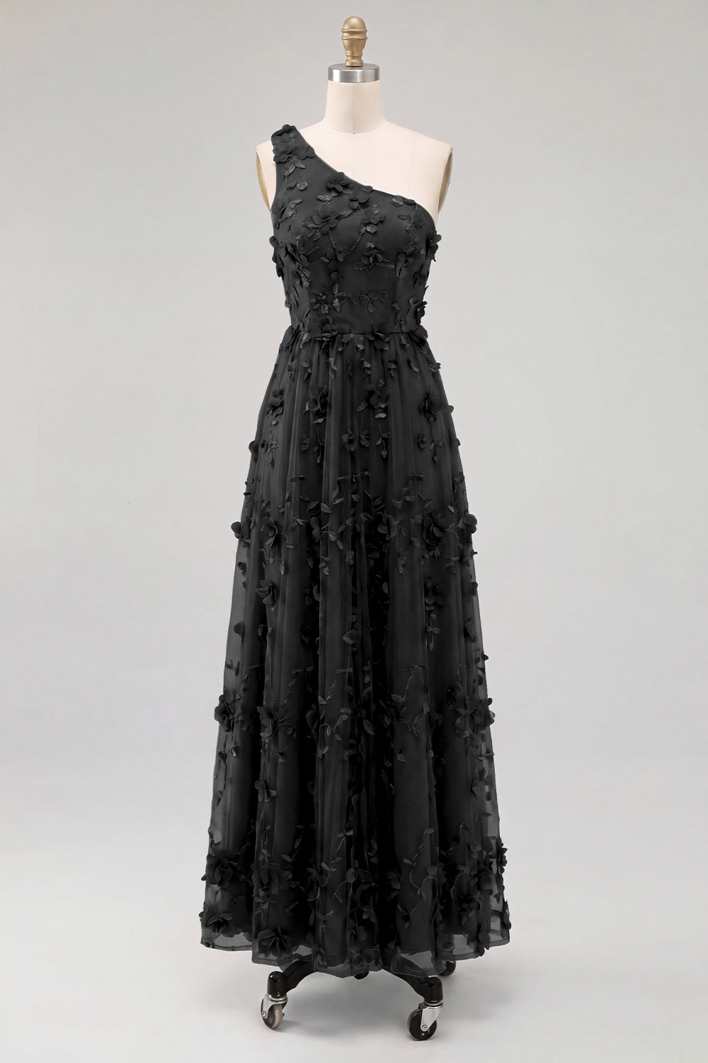 Robe longue asymétrique bleu clair avec fleurs en 3D