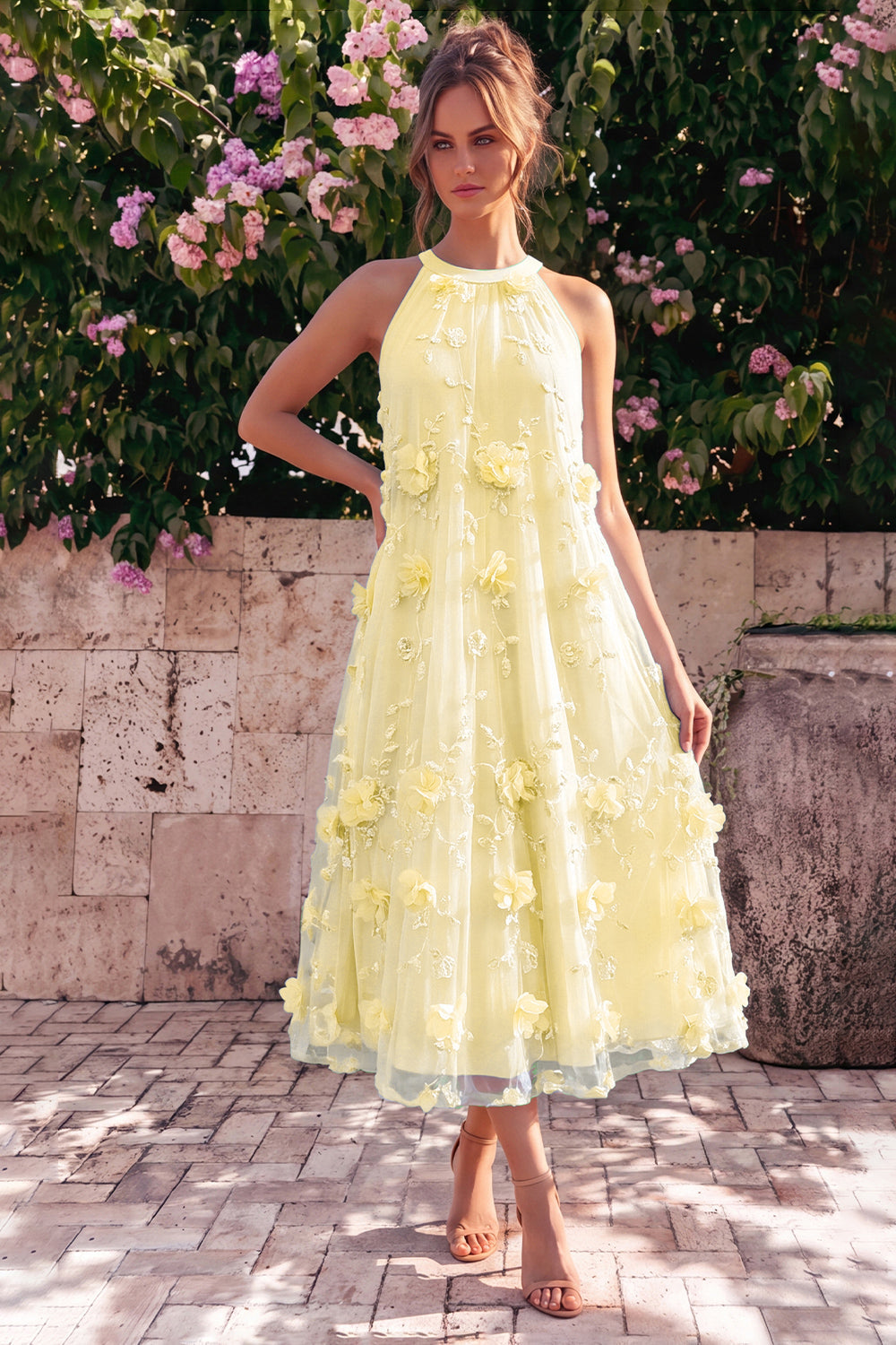 Light Blue Halter Neck A-Line Midi Wedding Guest Dress with 3D Flowers