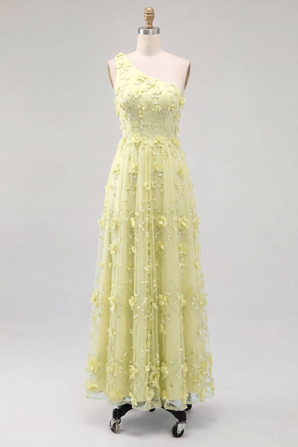 Robe longue asymétrique bleu clair avec fleurs en 3D