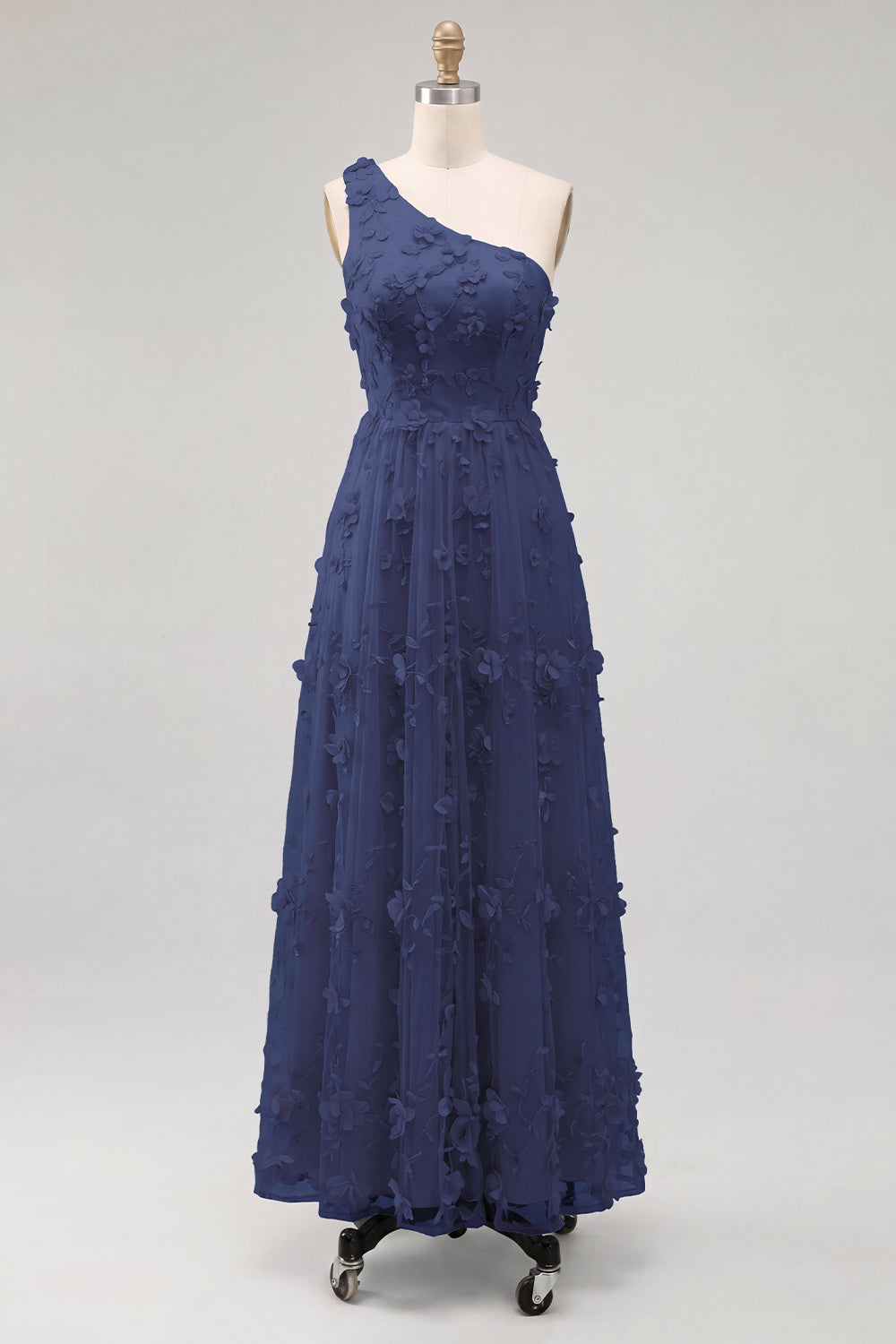 Robe longue asymétrique bleu clair avec fleurs en 3D