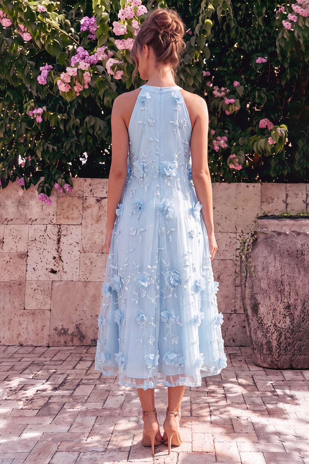 Light Blue Halter Neck A-Line Midi Wedding Guest Dress with 3D Flowers