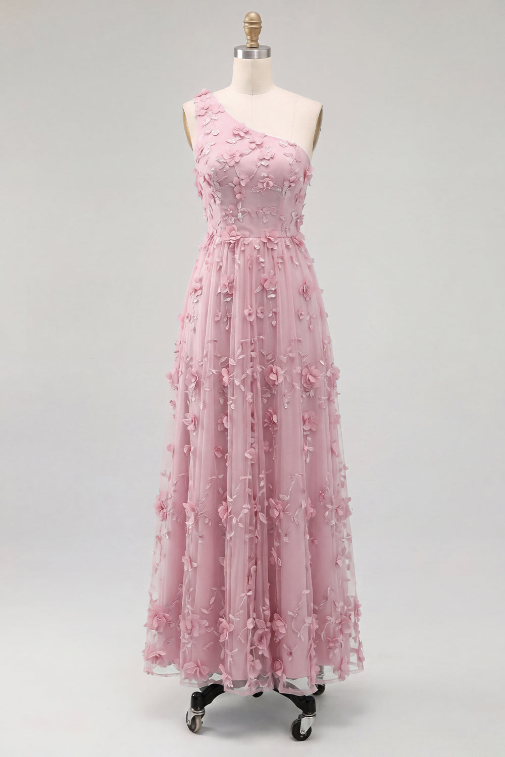 Robe longue asymétrique bleu clair avec fleurs en 3D