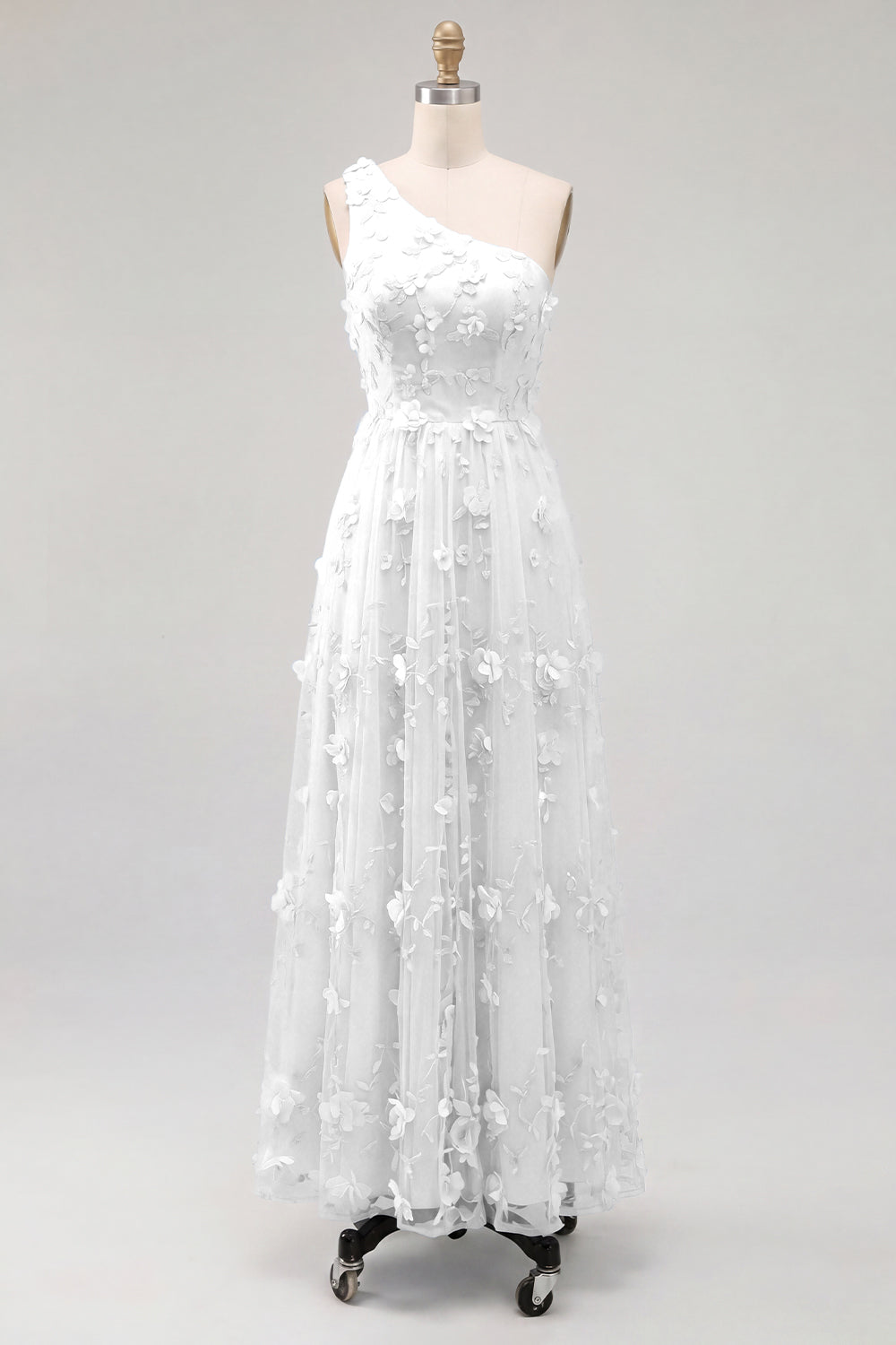 Robe longue asymétrique bleu clair avec fleurs en 3D