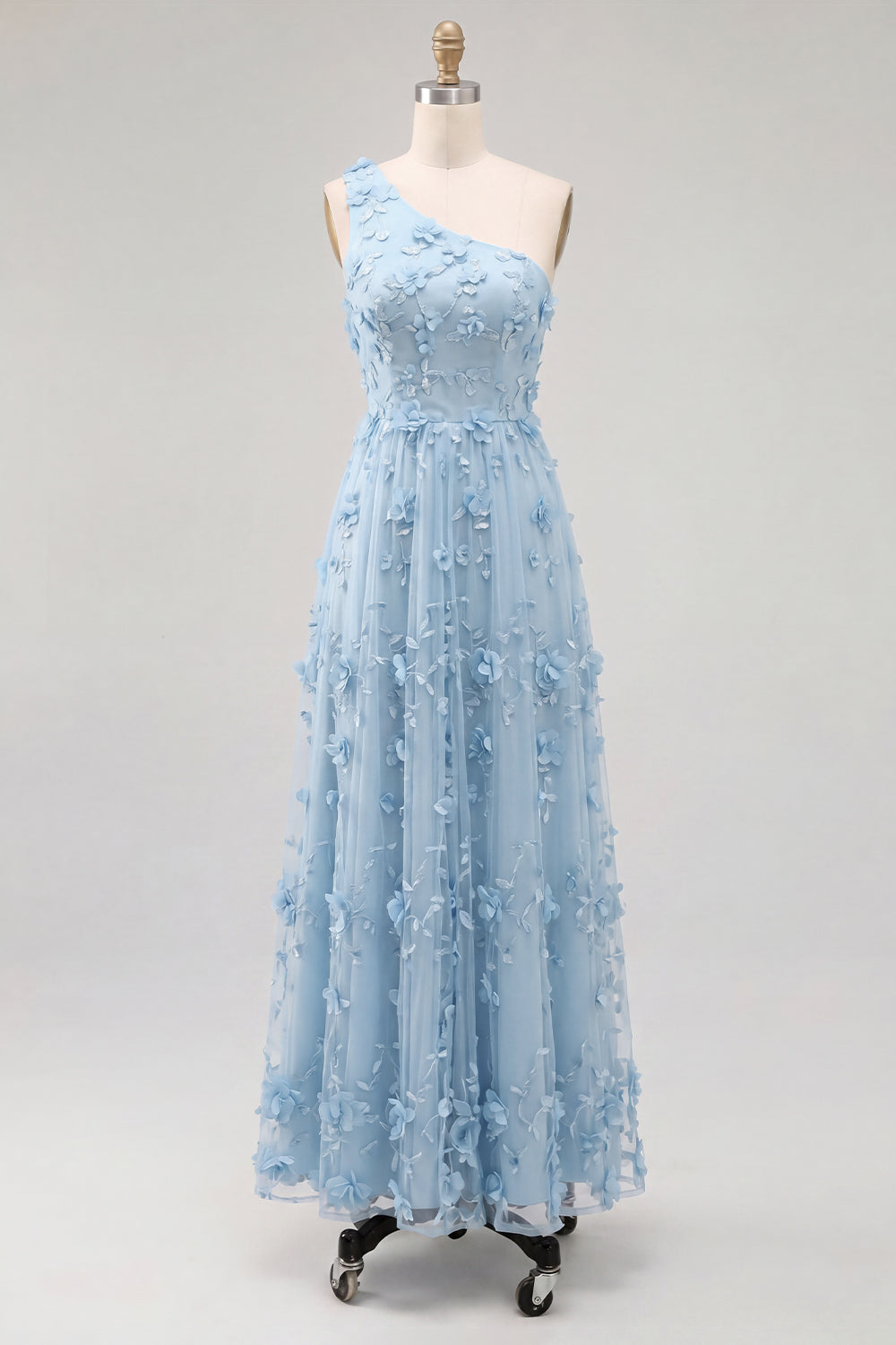 Robe longue asymétrique bleu clair avec fleurs en 3D