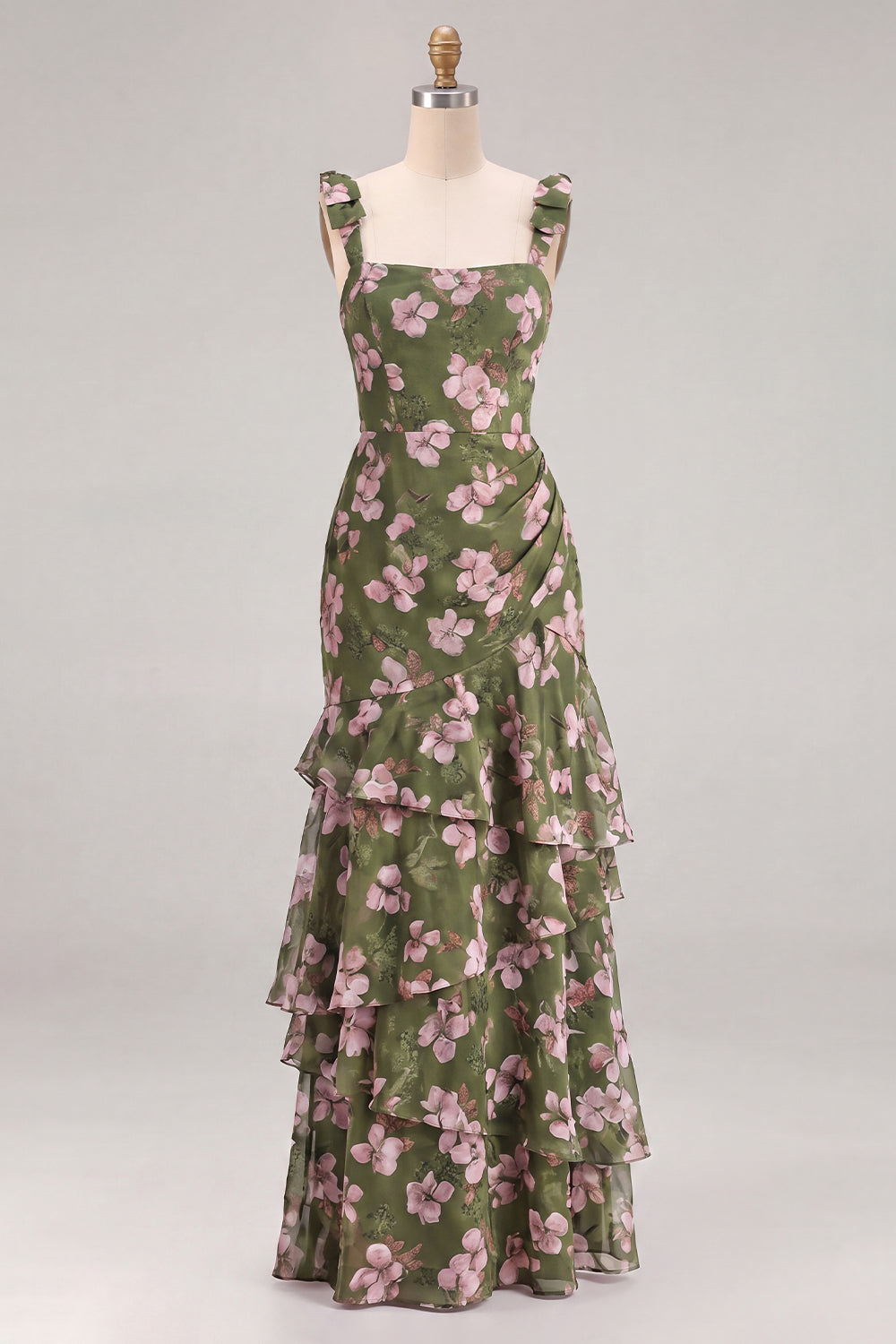 Green Flower A-Line Tiered Chiffon Ruched Thick Straps Long Bridesmaid Dress