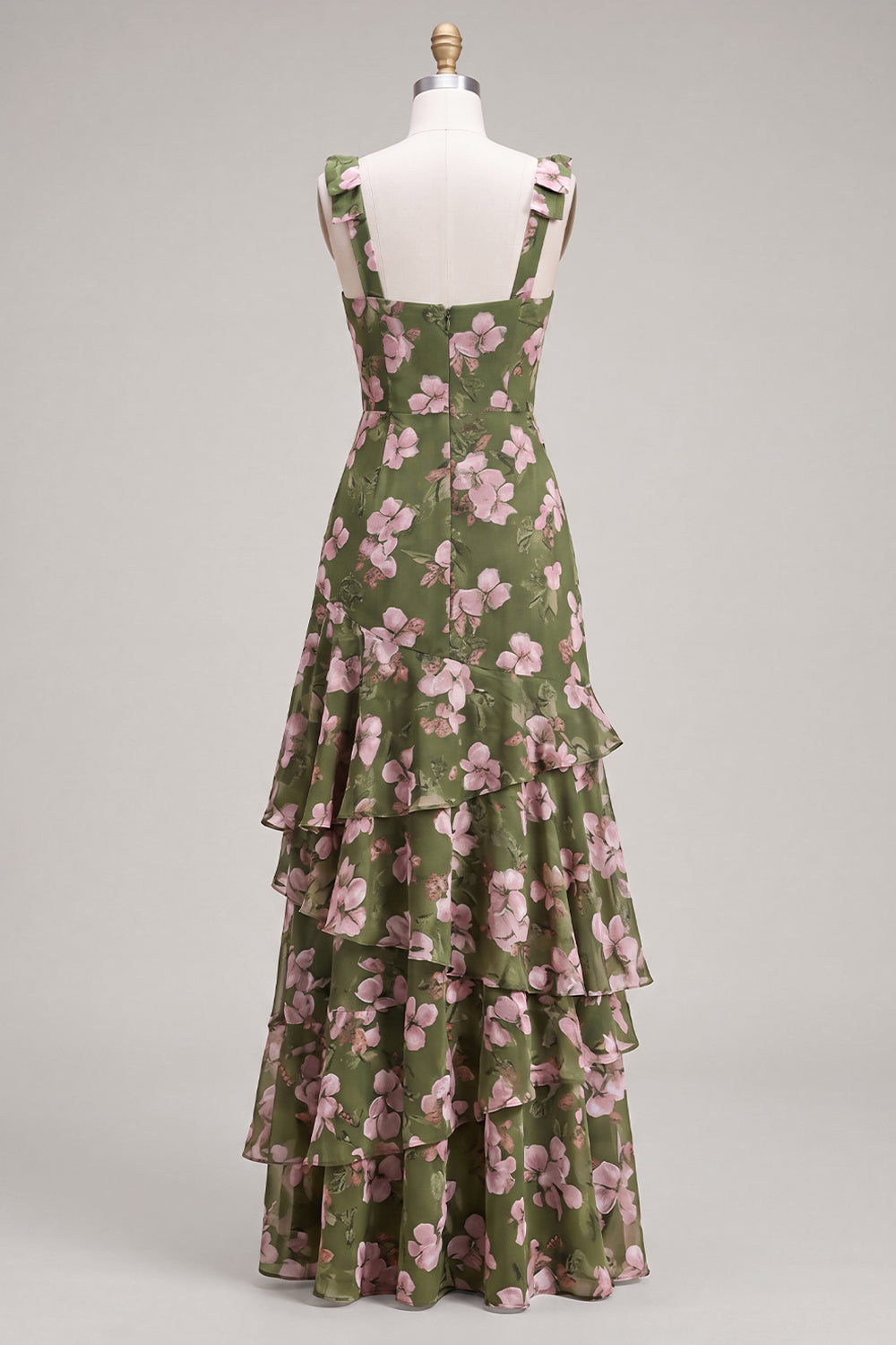 Green Flower A-Line Tiered Chiffon Ruched Thick Straps Long Bridesmaid Dress
