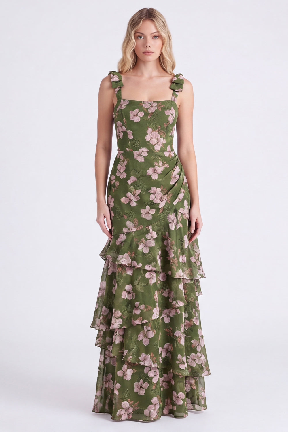 Green Flower A-Line Tiered Chiffon Ruched Thick Straps Long Bridesmaid Dress