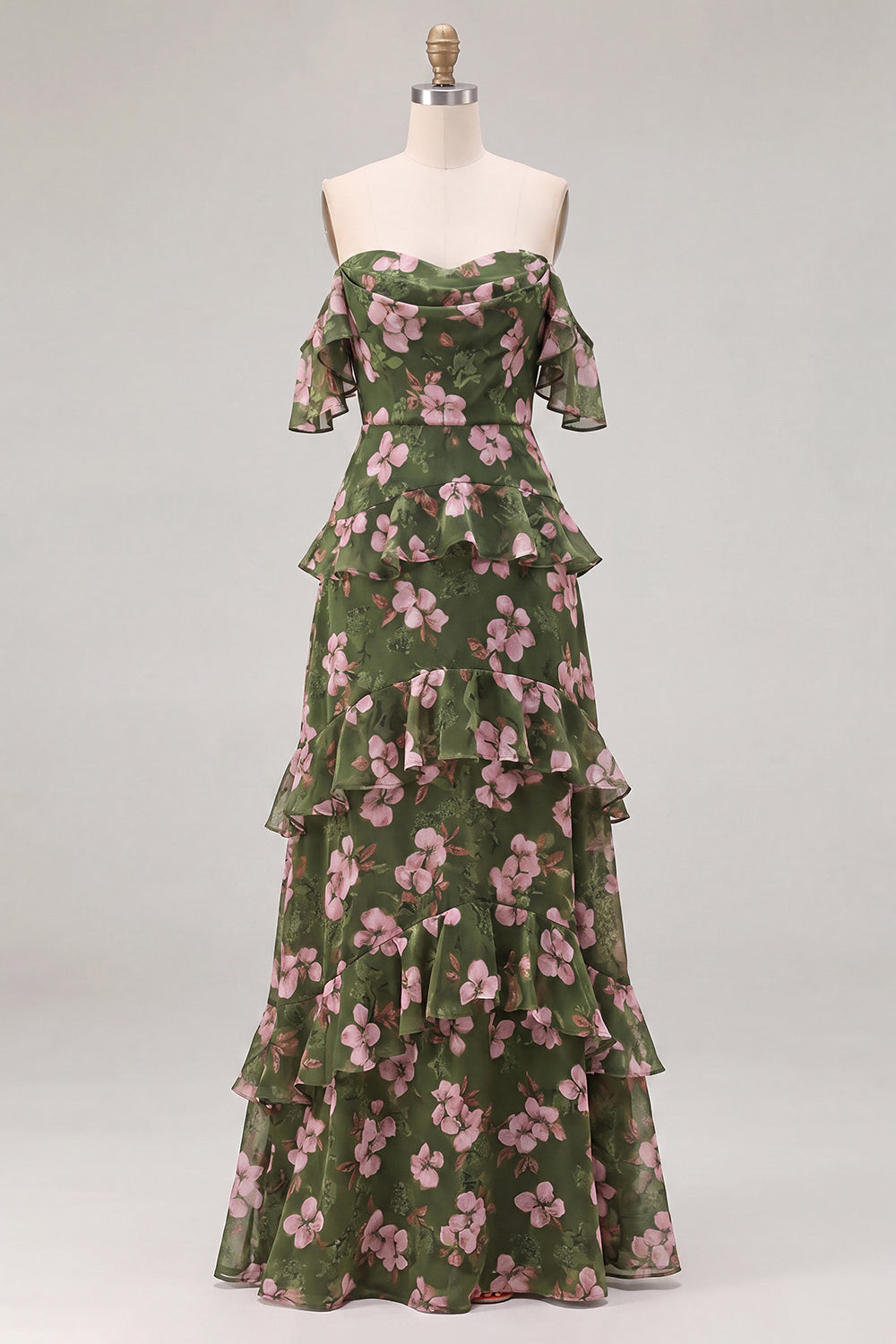 Off the Shoulder Green Flower A-Line Tiered Chiffon Ruffled Long Bridesmaid Dress