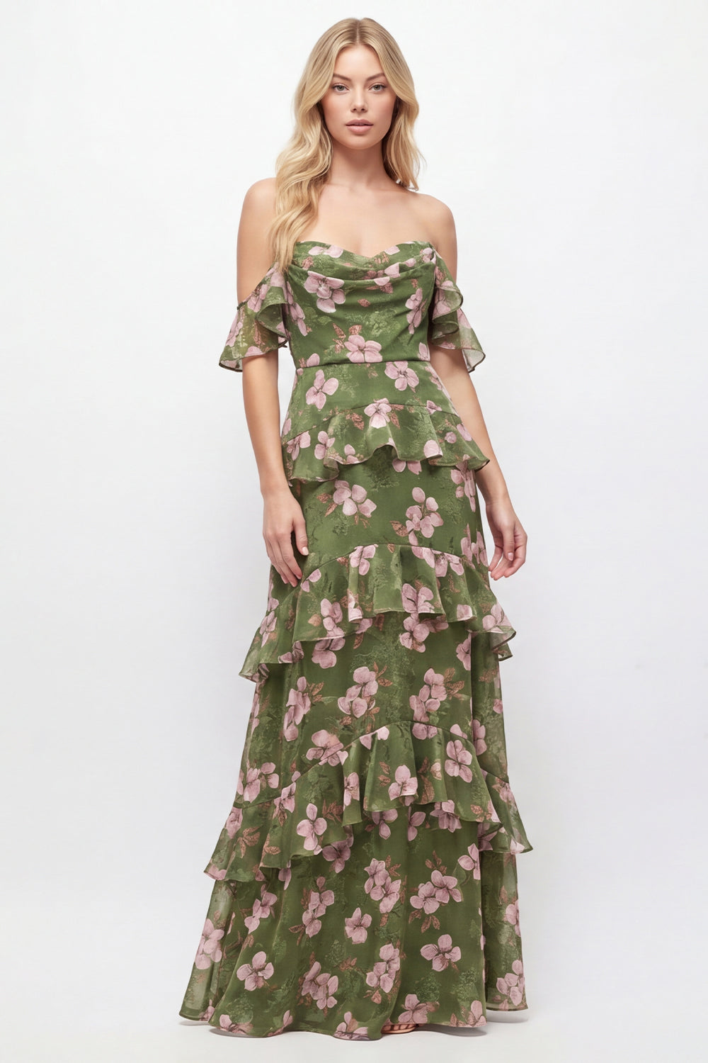 Off the Shoulder Green Flower A-Line Tiered Chiffon Ruffled Long Bridesmaid Dress