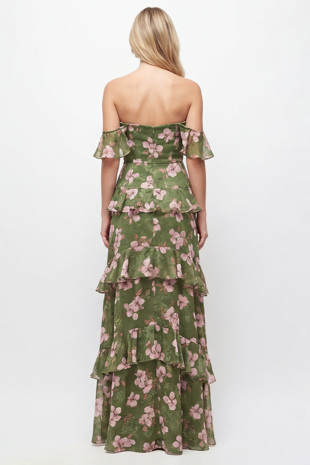 Off the Shoulder Green Flower A-Line Tiered Chiffon Ruffled Long Bridesmaid Dress
