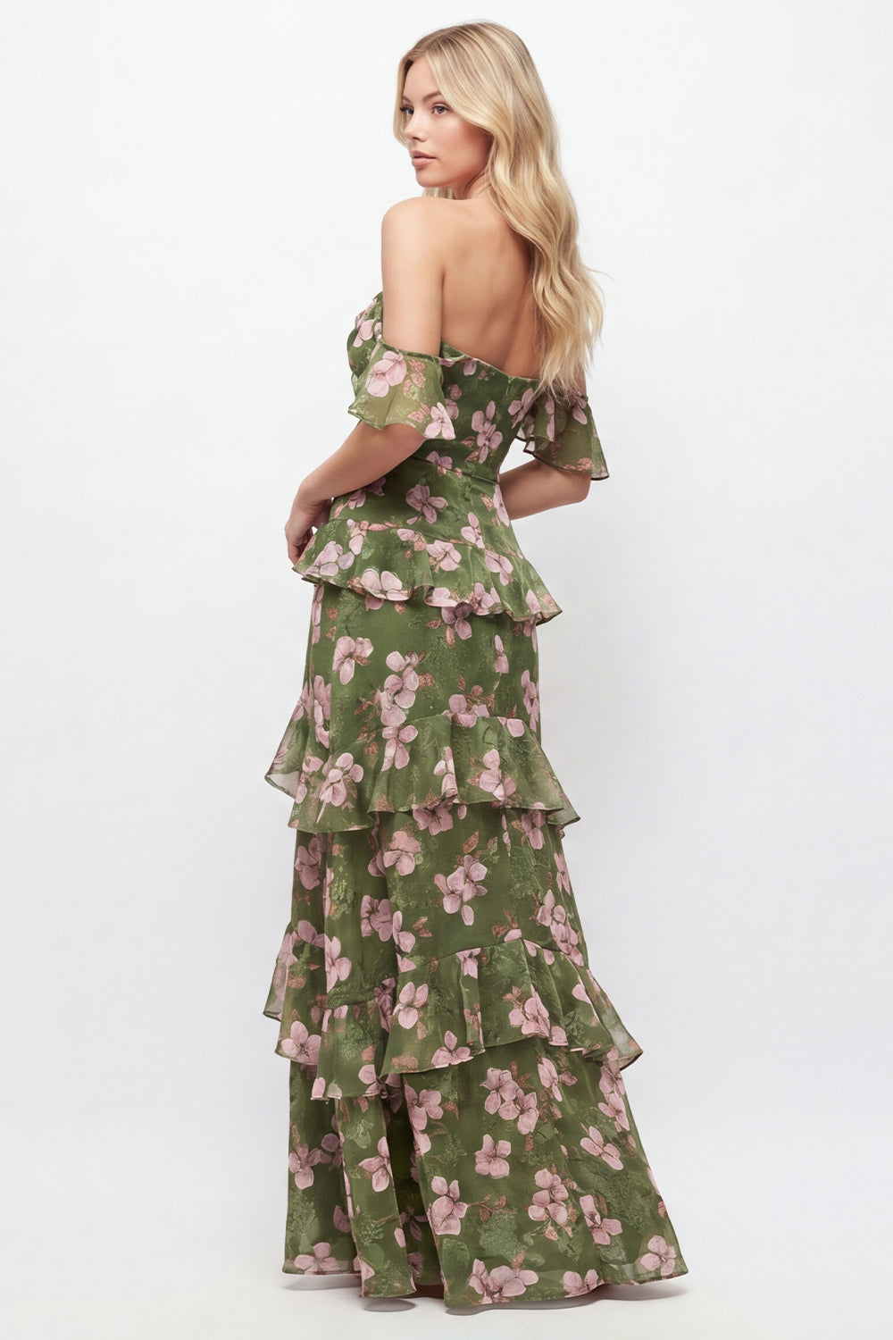 Off the Shoulder Green Flower A-Line Tiered Chiffon Ruffled Long Bridesmaid Dress