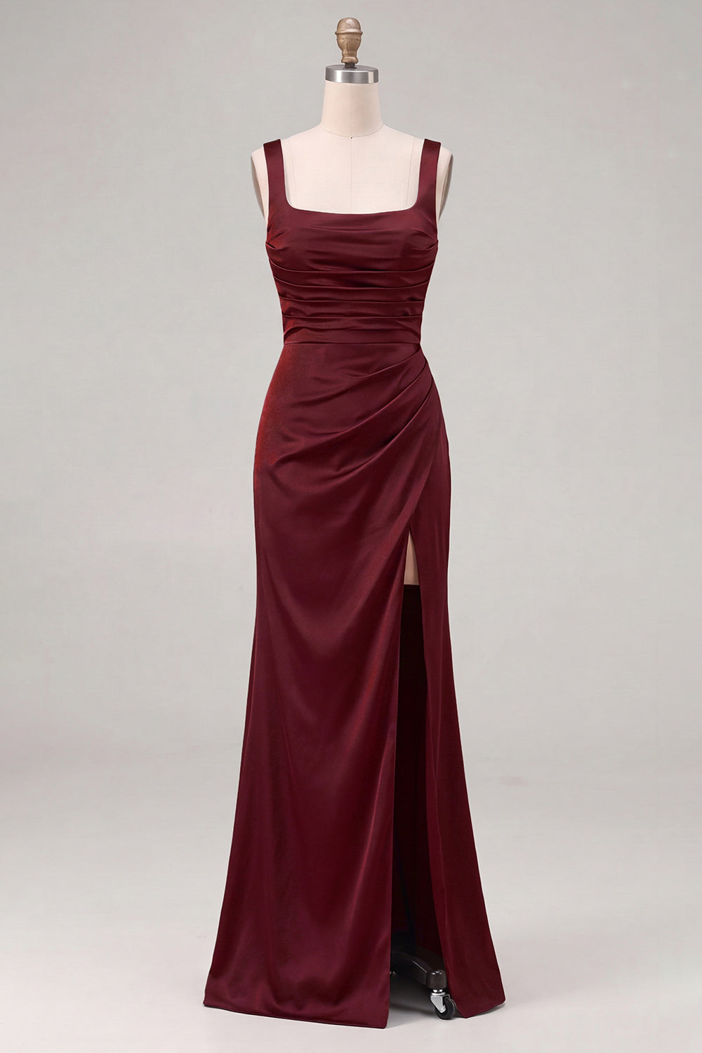 Espresso Satin Mermaid Square Neck Ruched Bridesmaid Dress with Slit