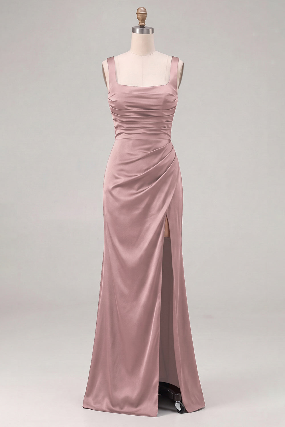 Espresso Satin Mermaid Square Neck Ruched Bridesmaid Dress with Slit