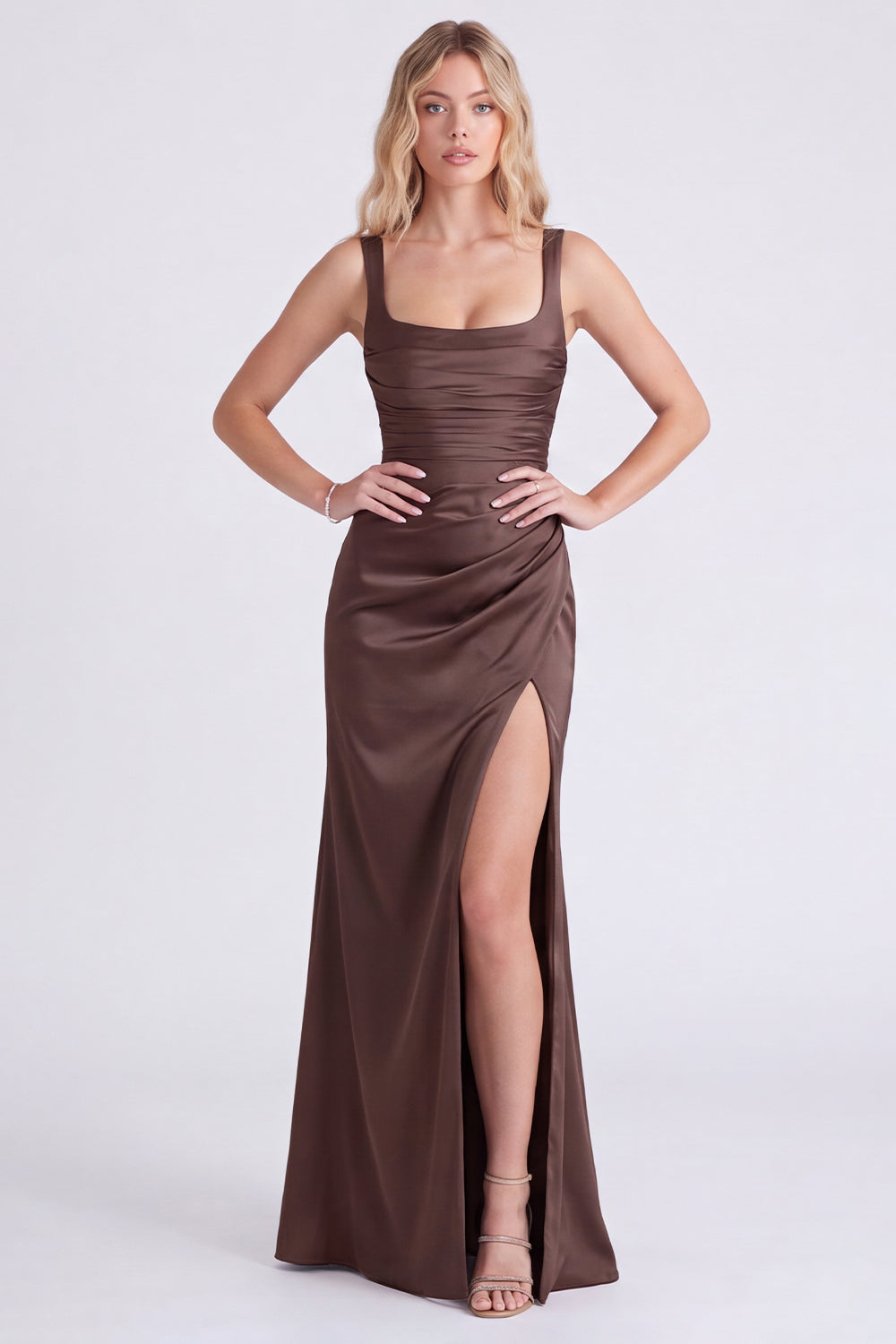 Espresso Satin Mermaid Square Neck Ruched Bridesmaid Dress with Slit