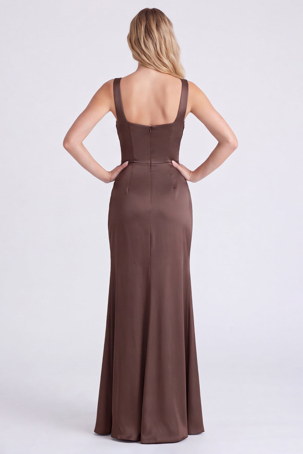 Espresso Satin Mermaid Square Neck Ruched Bridesmaid Dress with Slit