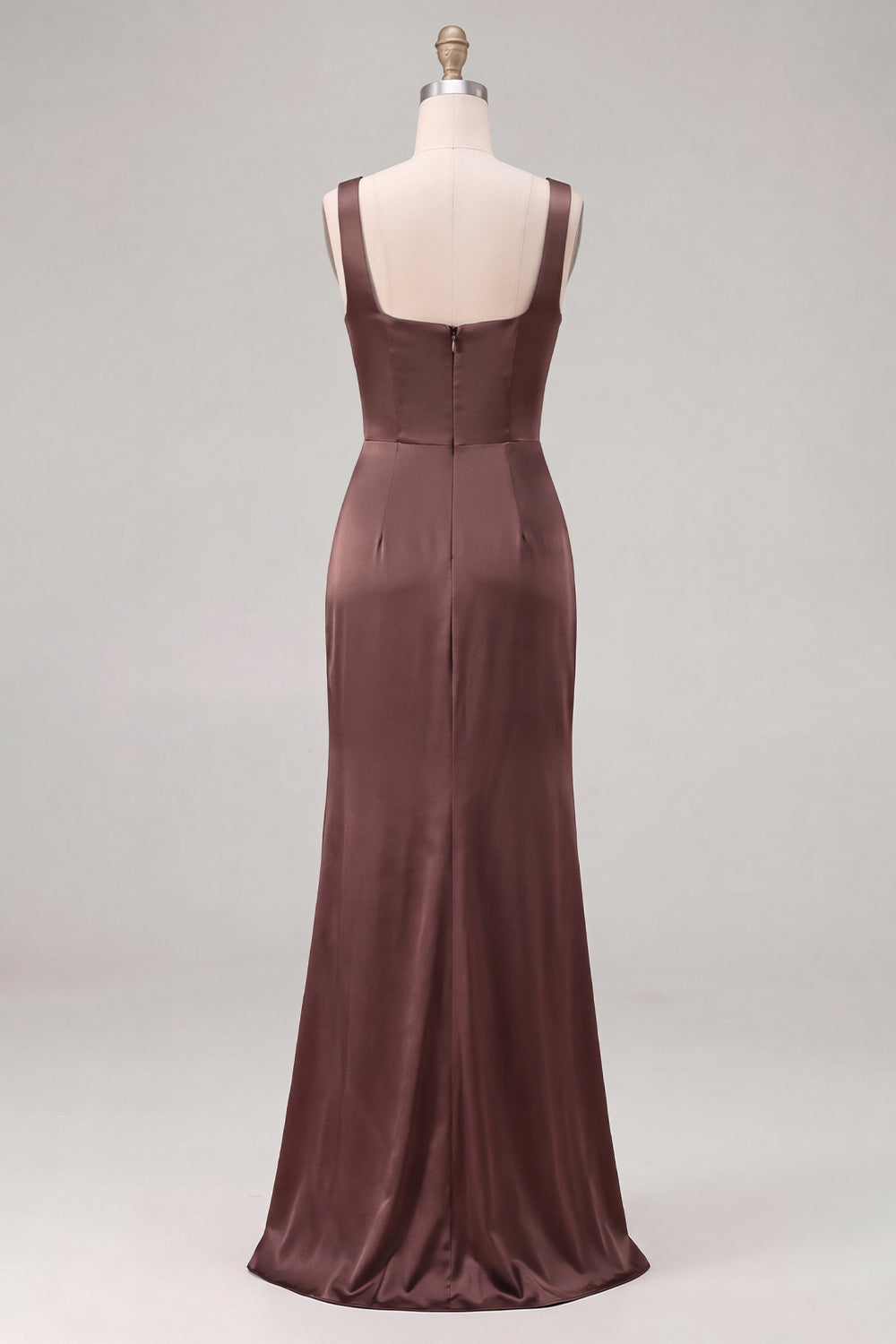 Espresso Satin Mermaid Square Neck Ruched Bridesmaid Dress with Slit